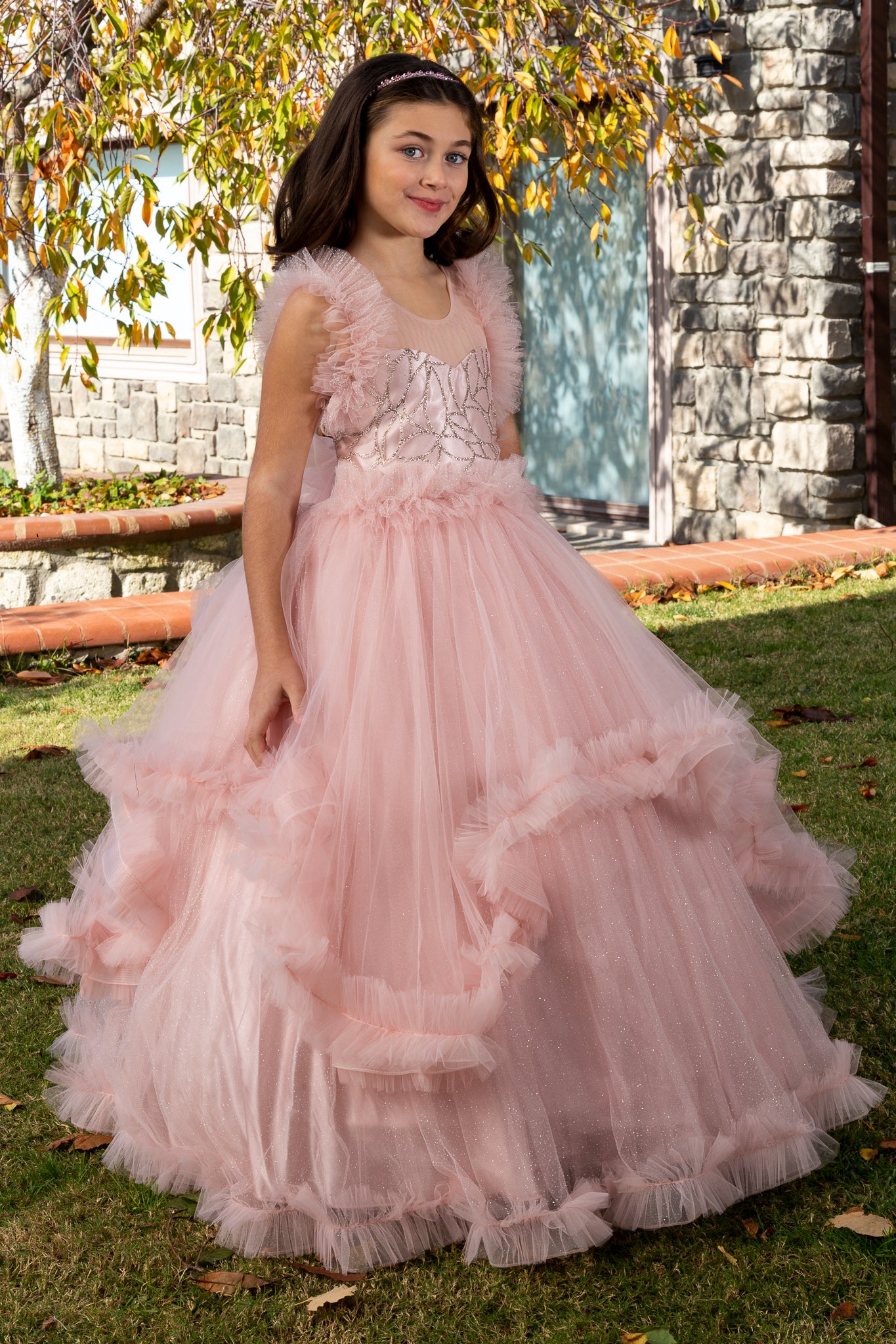 Lumina Powder Princess Tulle Dress for Girls 3-11 Years | Lace & Glitter Details | Flower Girls, Religious Ceremonies & Special Events | 30078-18