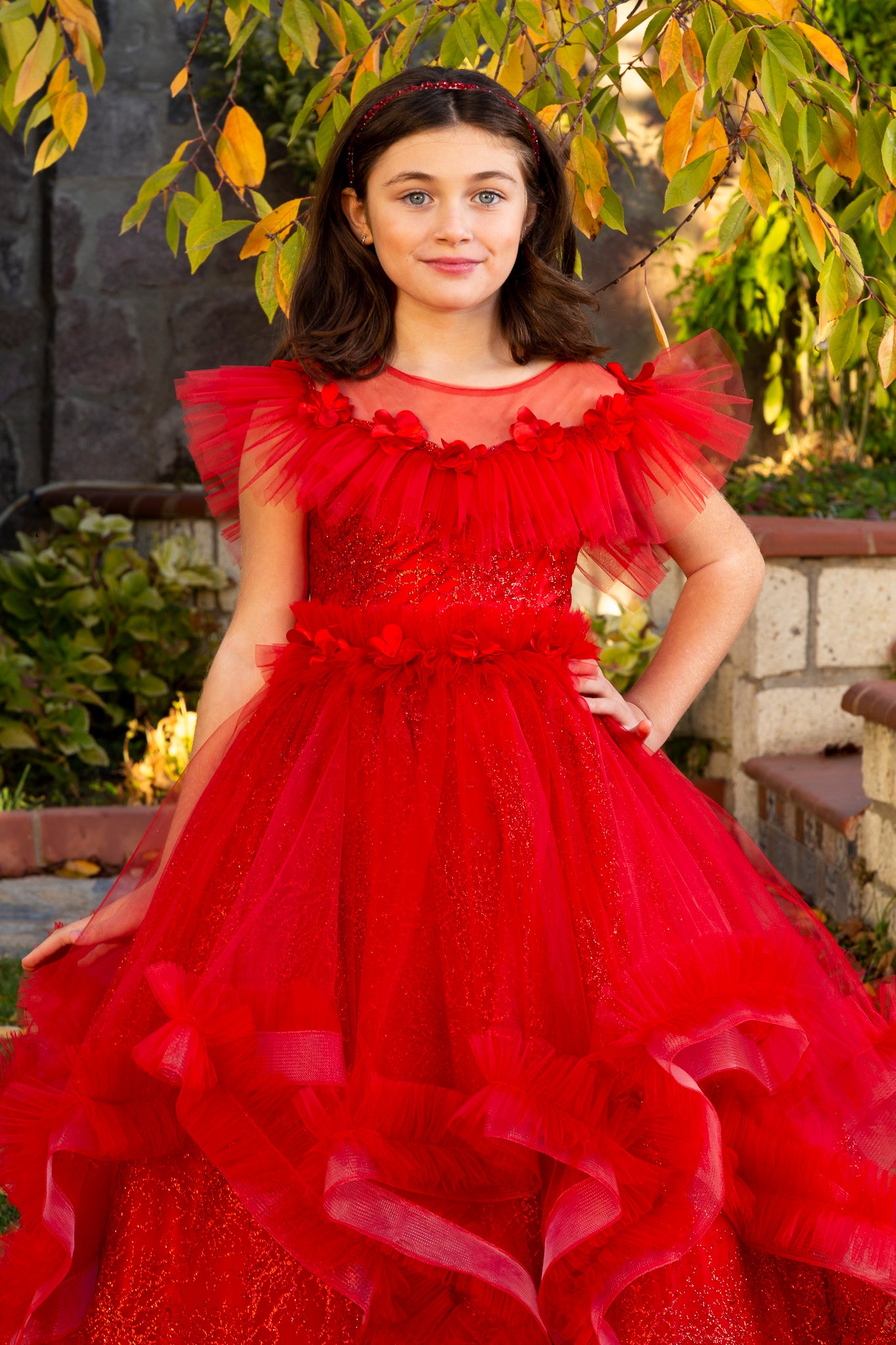 Pakaian Tulle Puteri Merah Dazzle untuk Gadis 3-11 Tahun | Butiran Bunga & Kilauan 3D | Gadis Bunga, Upacara Keagamaan & Acara Khas | 30079-09