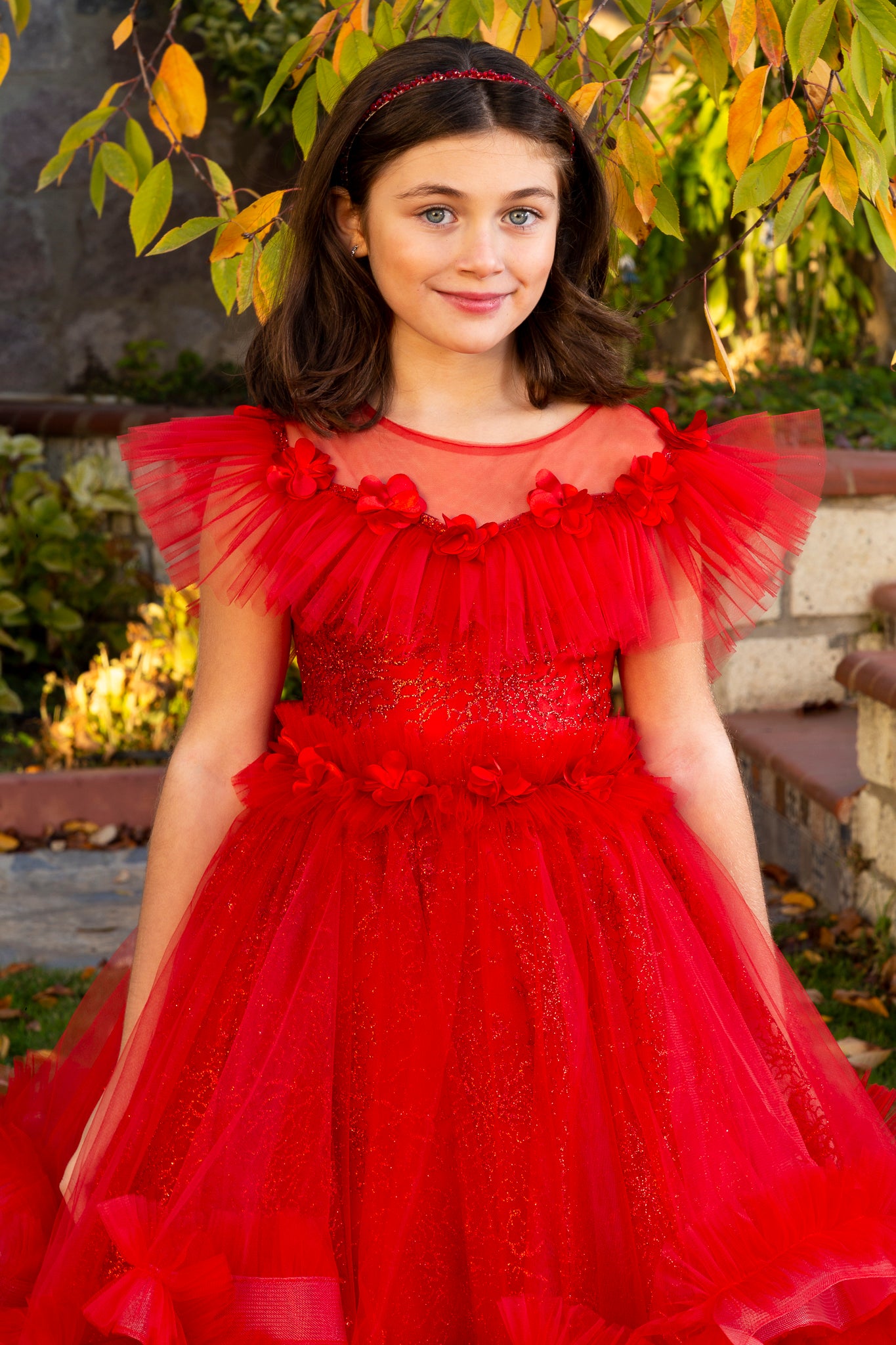 Pakaian Tulle Puteri Merah Dazzle untuk Gadis 3-11 Tahun | Butiran Bunga & Kilauan 3D | Gadis Bunga, Upacara Keagamaan & Acara Khas | 30079-09