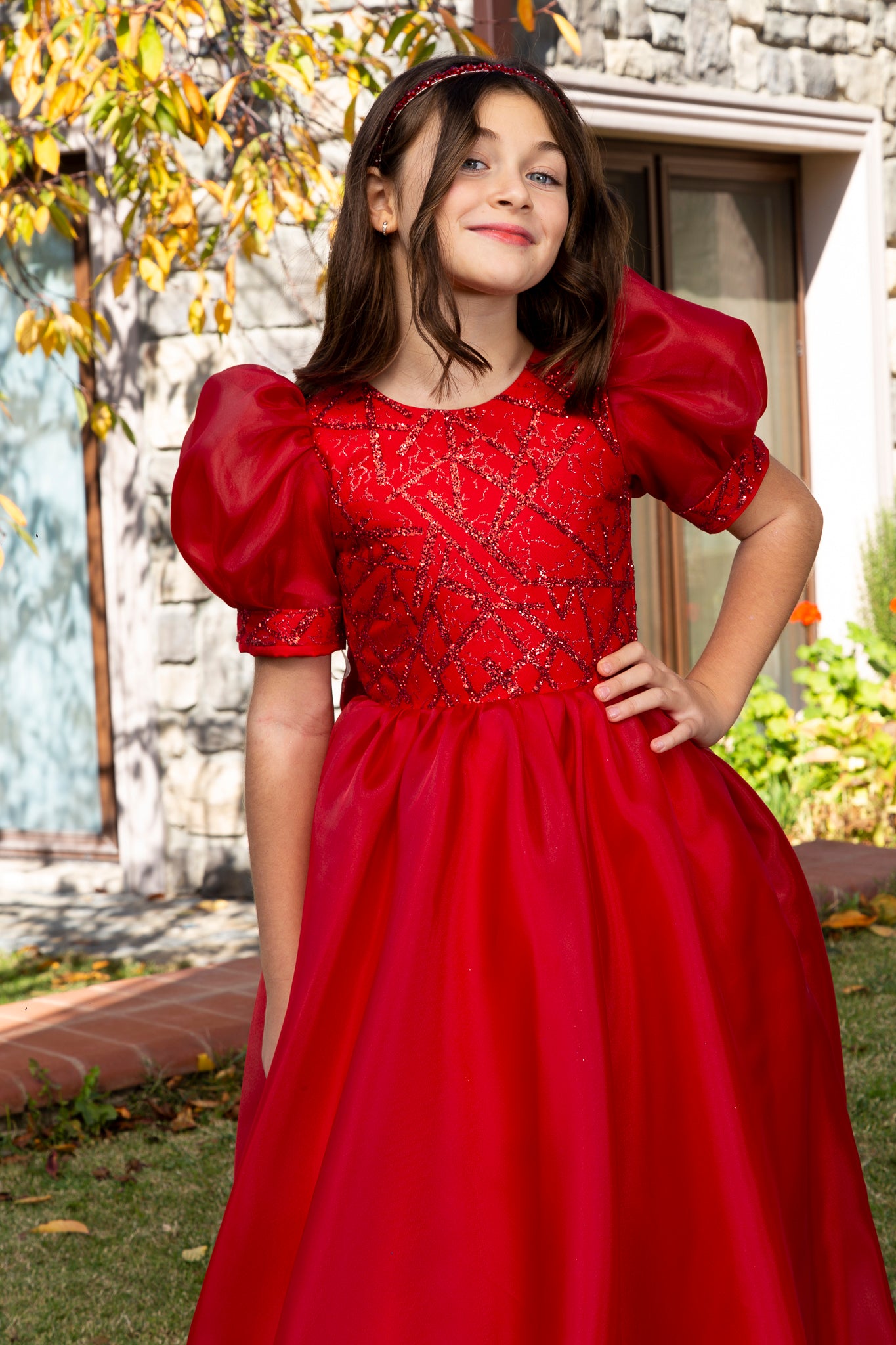 Nova Red Princess Organza-kjole til piger 7-11 år | Blondepåføring & ballonærmer | Blomsterpiger og særlige begivenheder | 40009-09