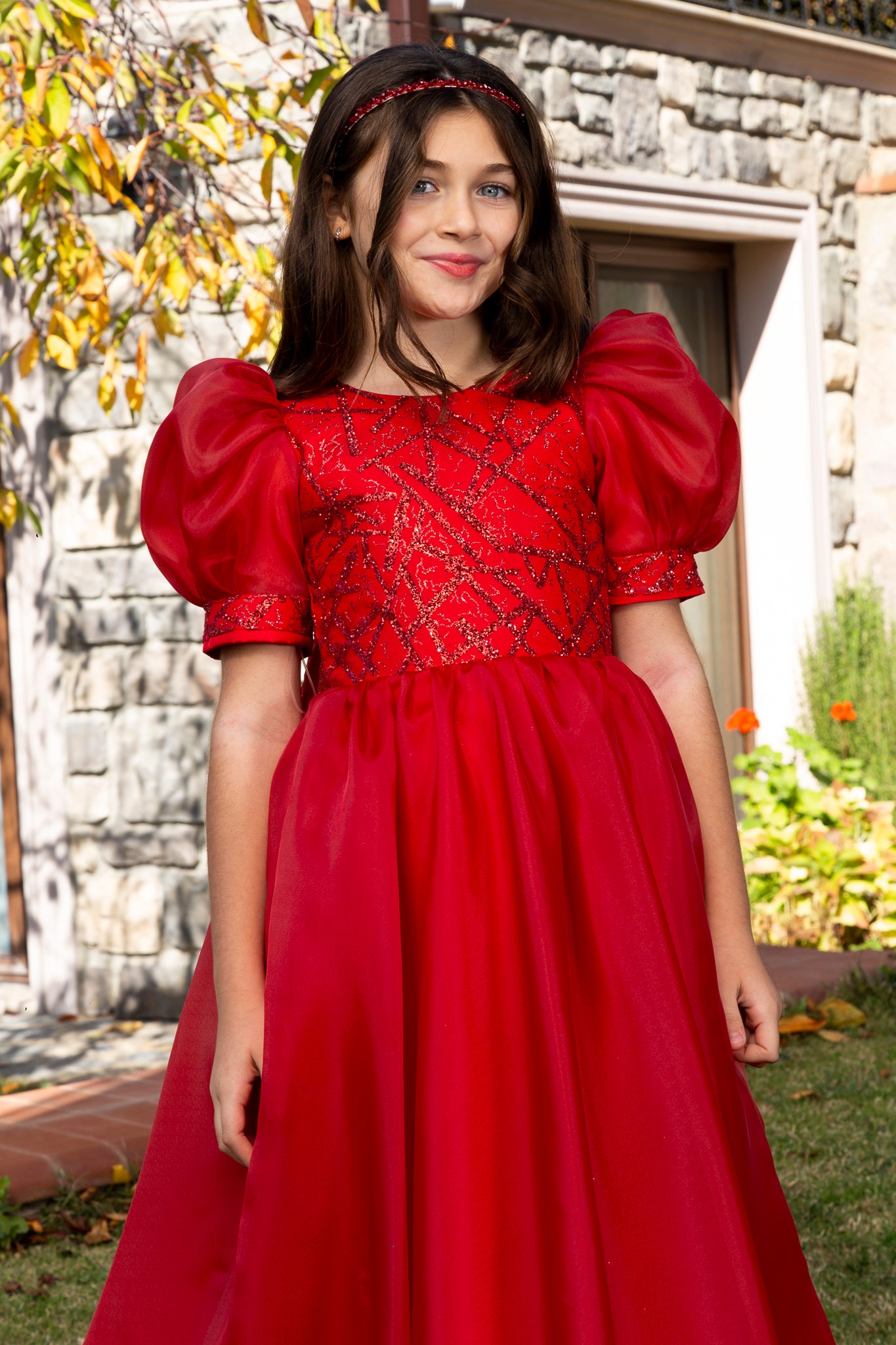 Nova Red Princess Organza-kjole til piger 7-11 år | Blondepåføring & ballonærmer | Blomsterpiger og særlige begivenheder | 40009-09