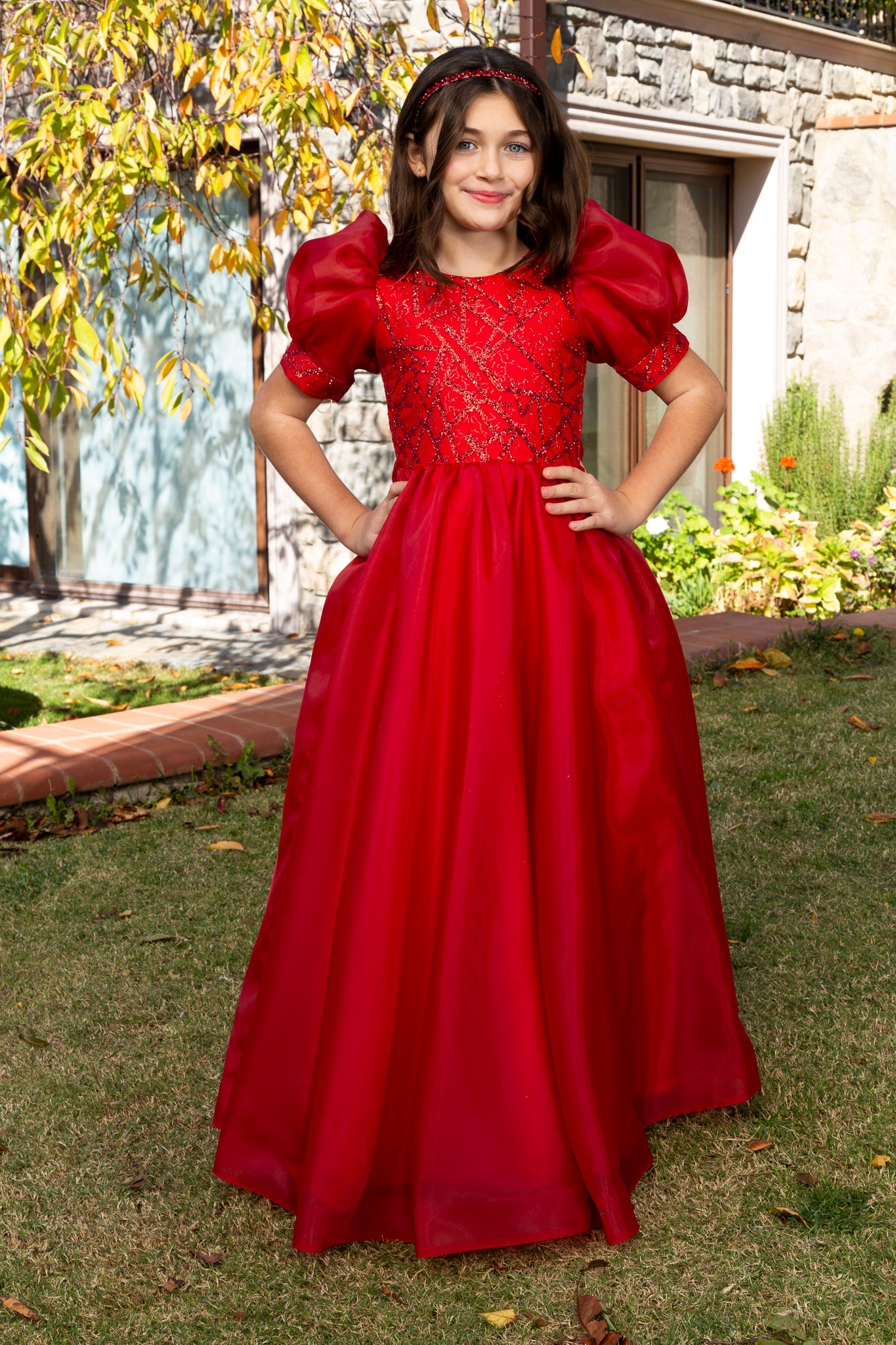Nova Red Princess Organza-kjole til piger 7-11 år | Blondepåføring & ballonærmer | Blomsterpiger og særlige begivenheder | 40009-09