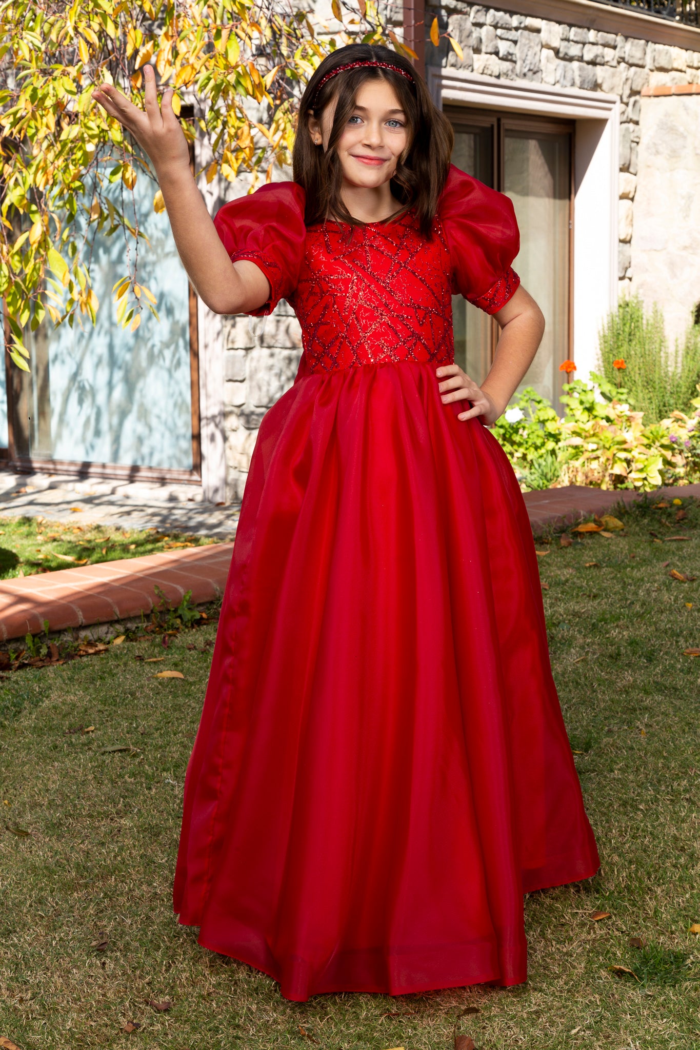 Nova Red Princess Organza-kjole til piger 7-11 år | Blondepåføring & ballonærmer | Blomsterpiger og særlige begivenheder | 40009-09