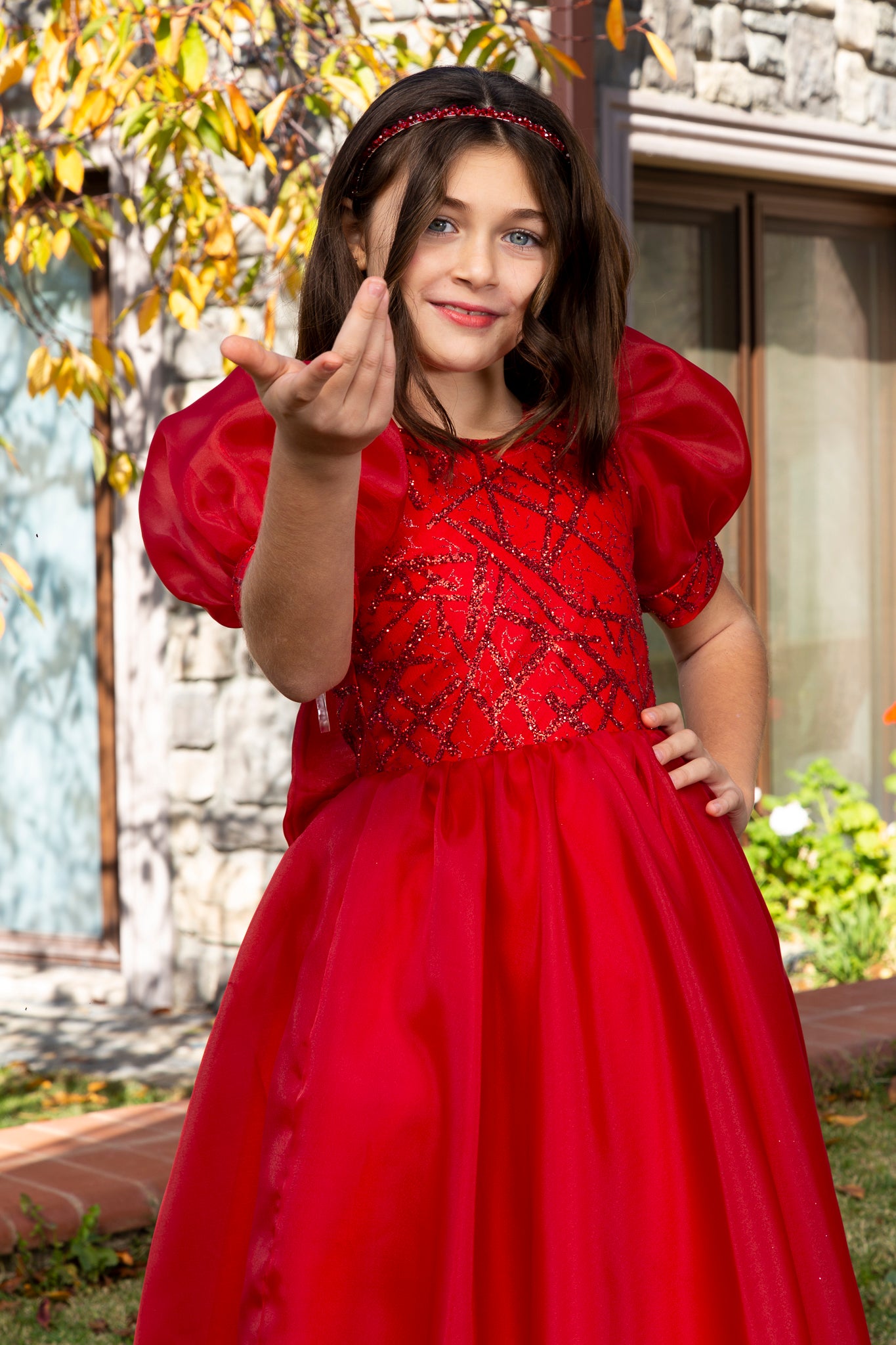 Nova Red Princess Organza-kjole til piger 7-11 år | Blondepåføring & ballonærmer | Blomsterpiger og særlige begivenheder | 40009-09