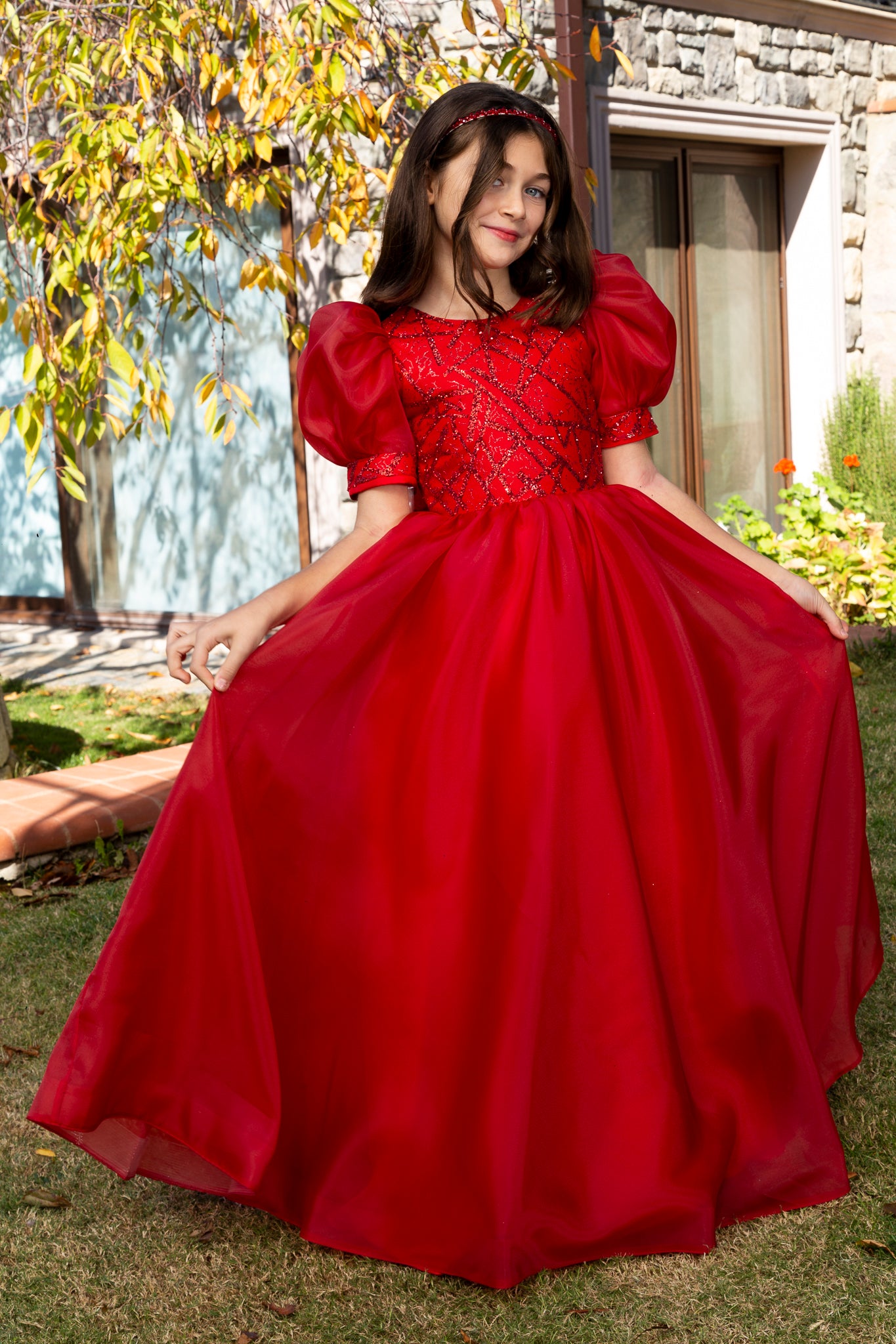 Nova Red Princess Organza-kjole til piger 7-11 år | Blondepåføring & ballonærmer | Blomsterpiger og særlige begivenheder | 40009-09