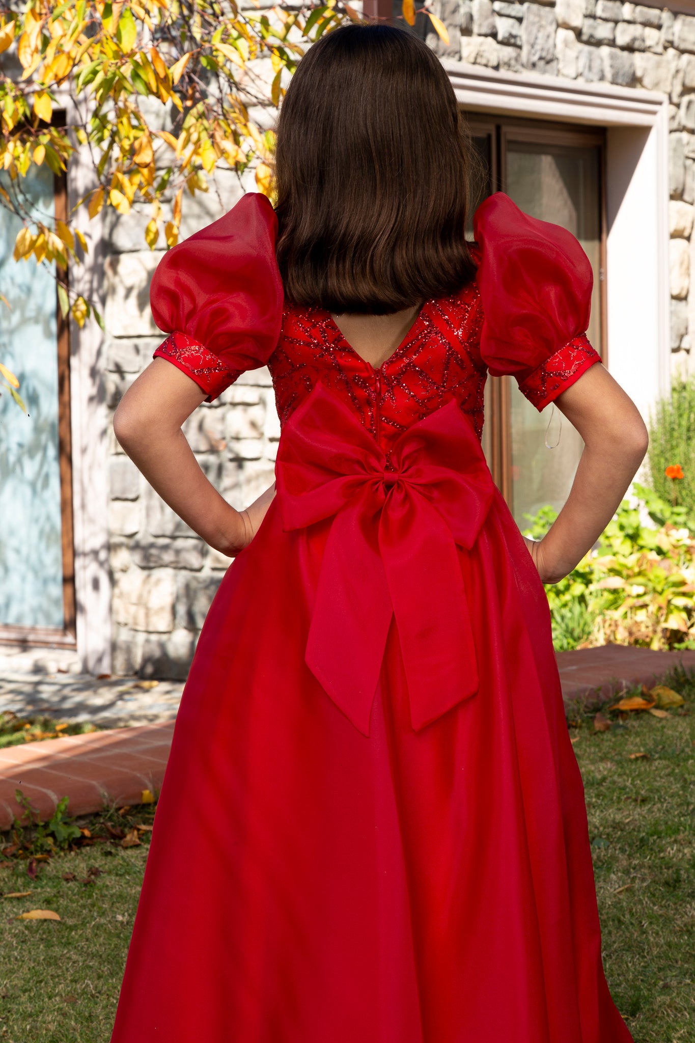 Nova Red Princess Organza-kjole til piger 7-11 år | Blondepåføring & ballonærmer | Blomsterpiger og særlige begivenheder | 40009-09