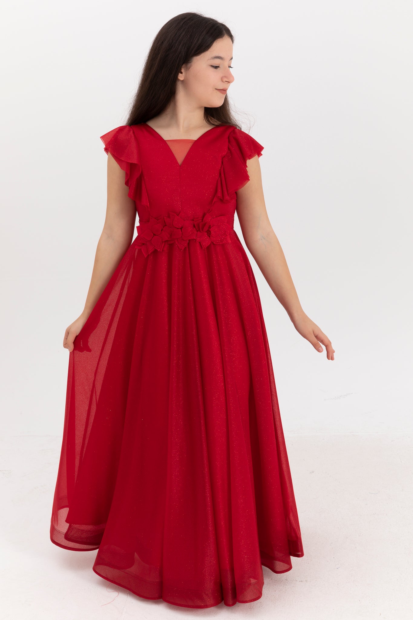 Moonstone Red Glitter & 3D Flower Dress til piger 12-16 år | Flæsedetaljer & V-halsdesign | Graduering og særlige begivenheder | 50002-09