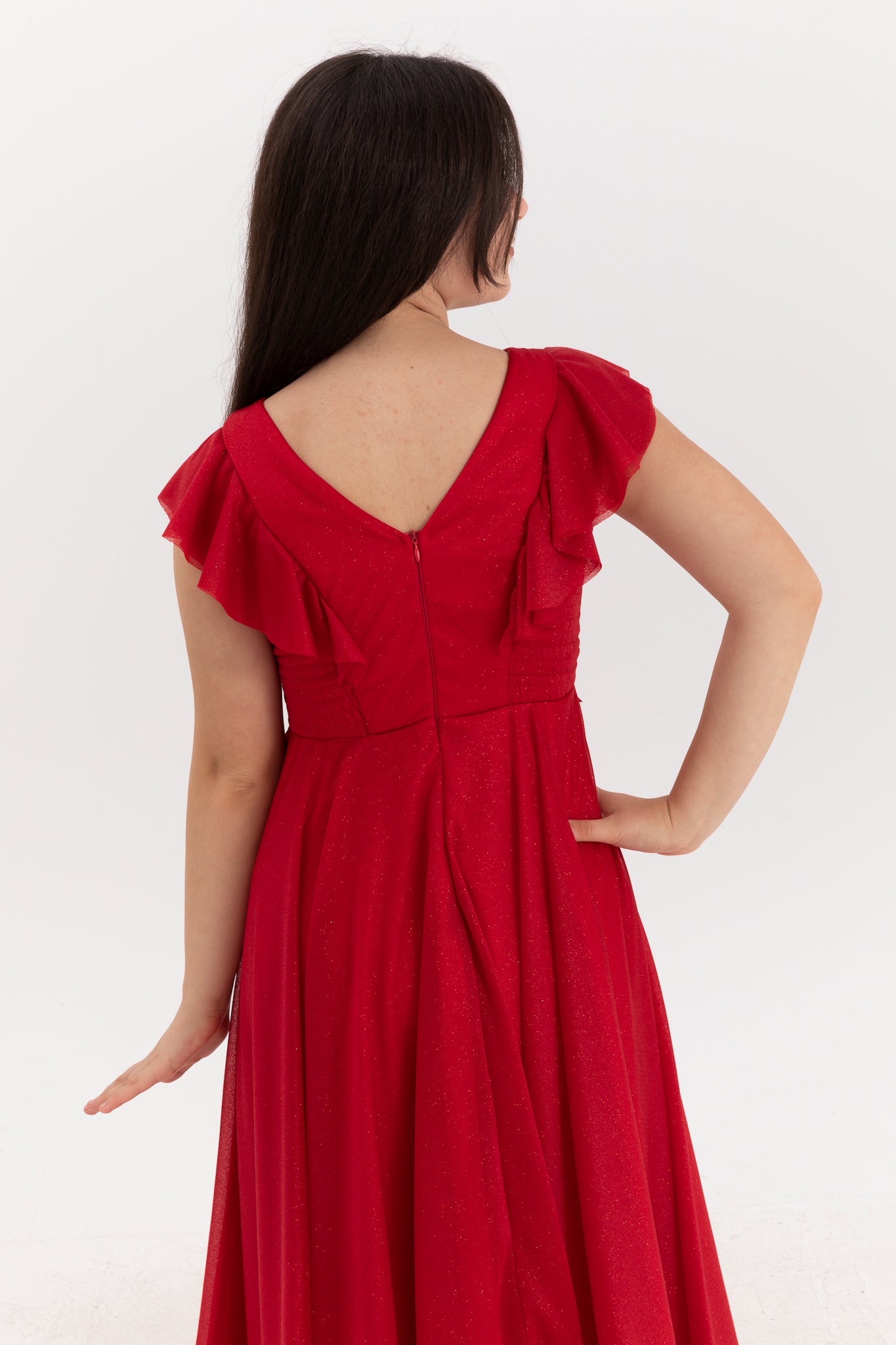 Moonstone Red Glitter & 3D Flower Dress til piger 12-16 år | Flæsedetaljer & V-halsdesign | Graduering og særlige begivenheder | 50002-09