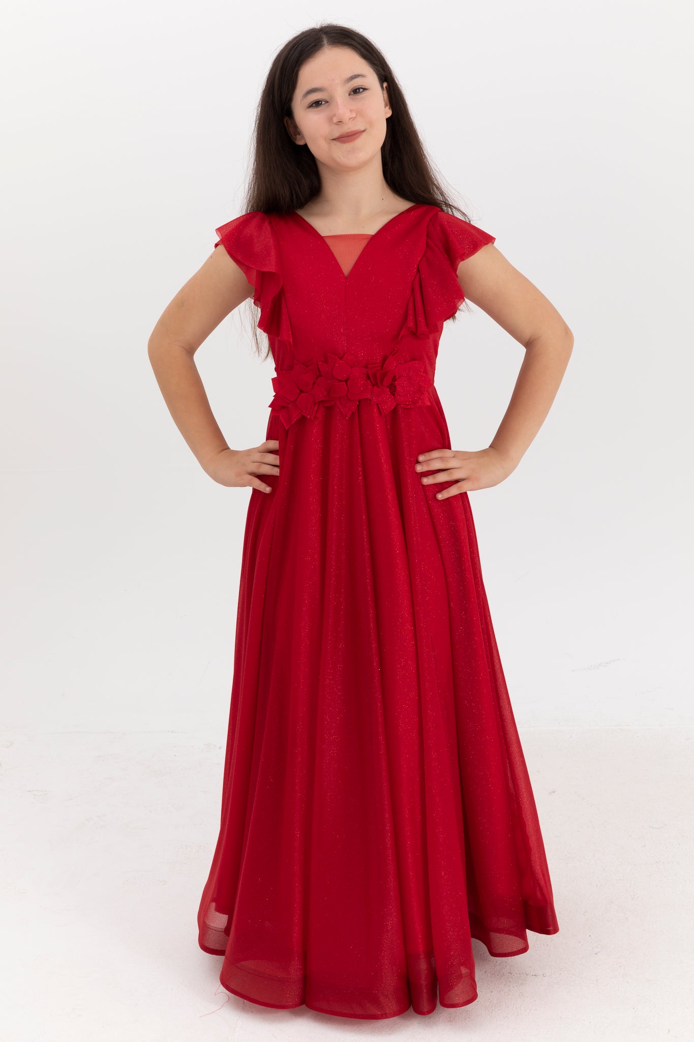 Moonstone Red Glitter & 3D Flower Dress til piger 12-16 år | Flæsedetaljer & V-halsdesign | Graduering og særlige begivenheder | 50002-09