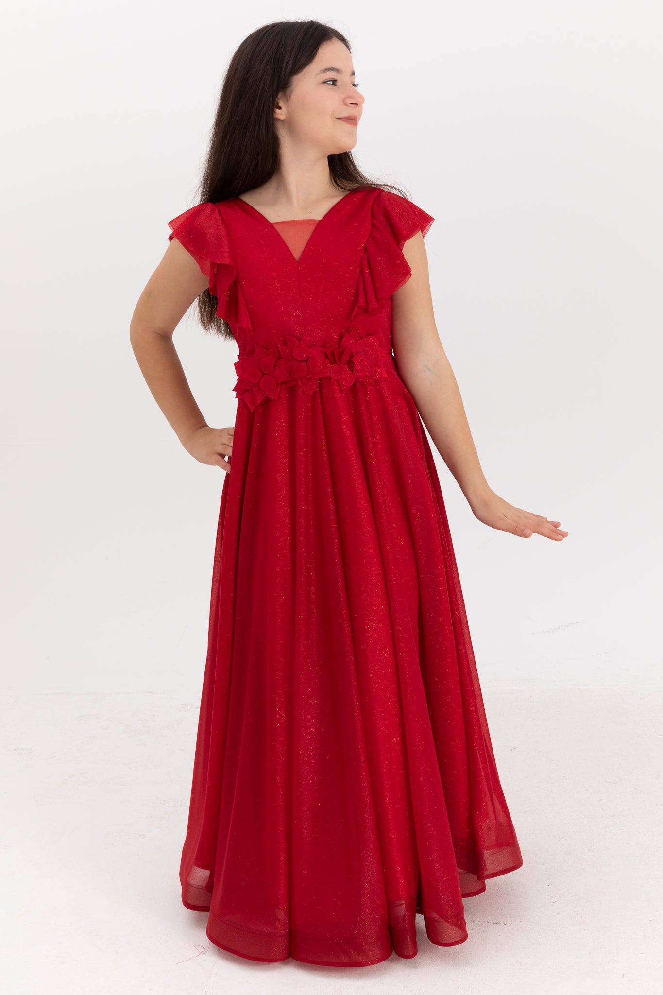 Moonstone Red Glitter & 3D Flower Dress til piger 12-16 år | Flæsedetaljer & V-halsdesign | Graduering og særlige begivenheder | 50002-09