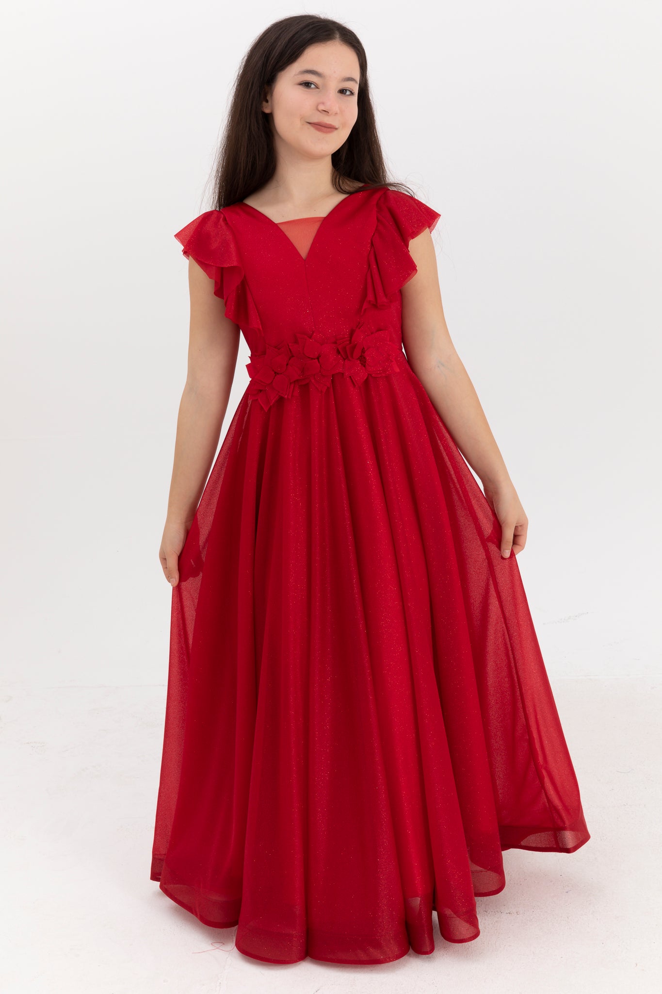 Moonstone Red Glitter & 3D Flower Dress til piger 12-16 år | Flæsedetaljer & V-halsdesign | Graduering og særlige begivenheder | 50002-09