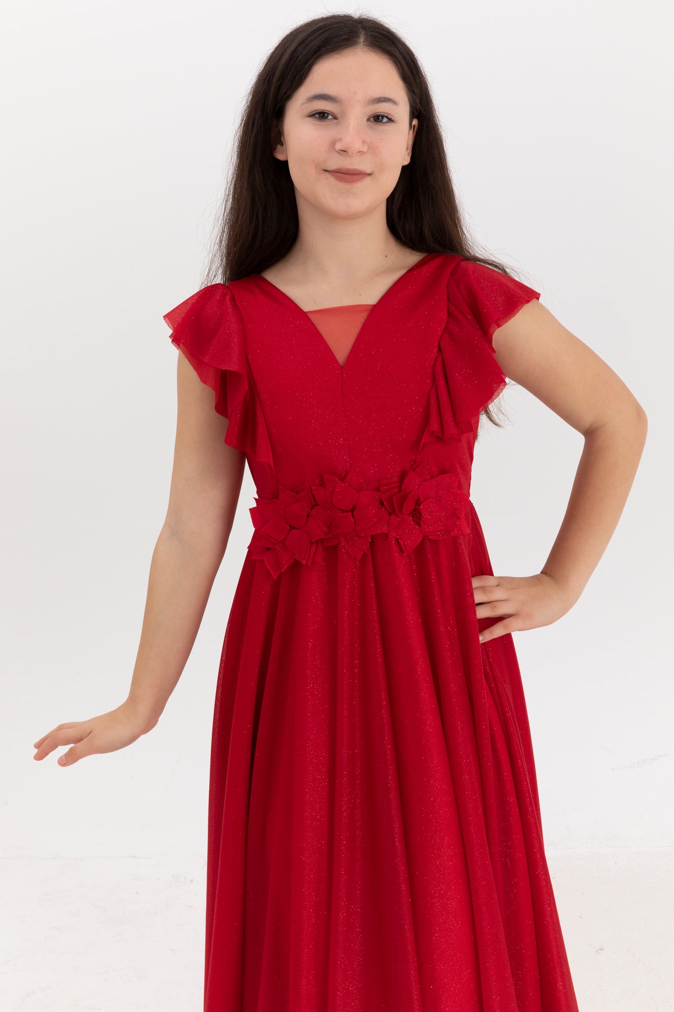 Moonstone Red Glitter & 3D Flower Dress til piger 12-16 år | Flæsedetaljer & V-halsdesign | Graduering og særlige begivenheder | 50002-09