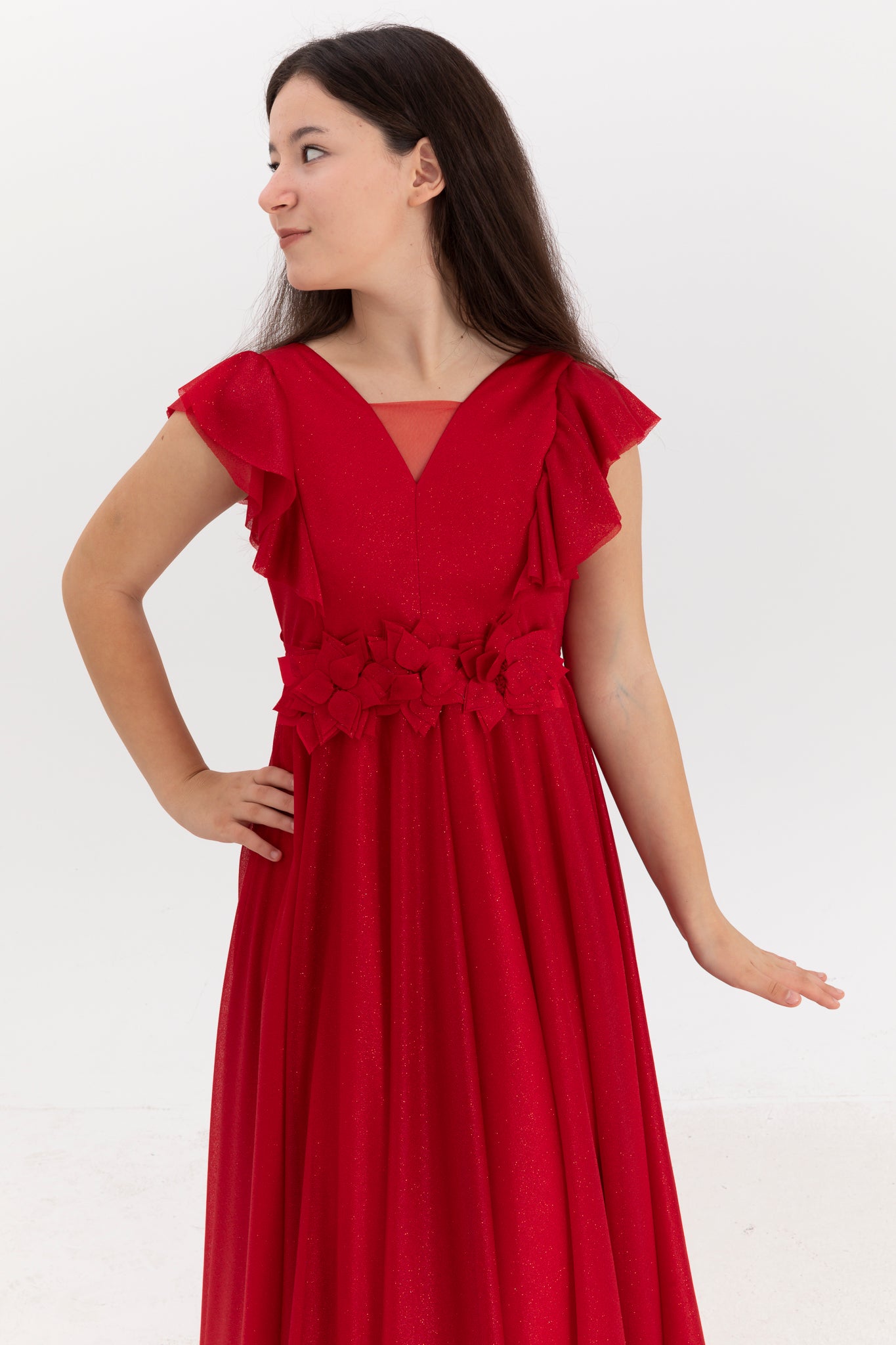 Moonstone Red Glitter & 3D Flower Dress til piger 12-16 år | Flæsedetaljer & V-halsdesign | Graduering og særlige begivenheder | 50002-09