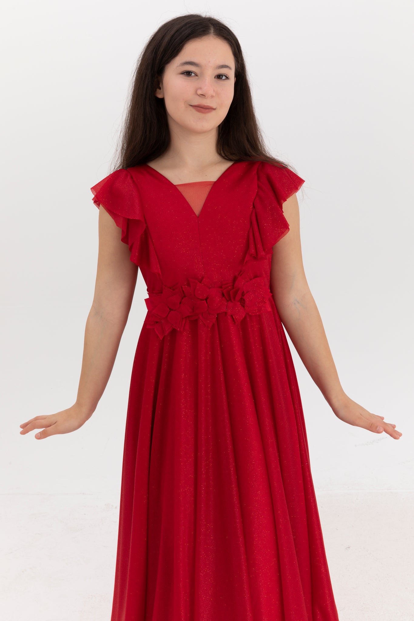 Moonstone Red Glitter & 3D Flower Dress til piger 12-16 år | Flæsedetaljer & V-halsdesign | Graduering og særlige begivenheder | 50002-09