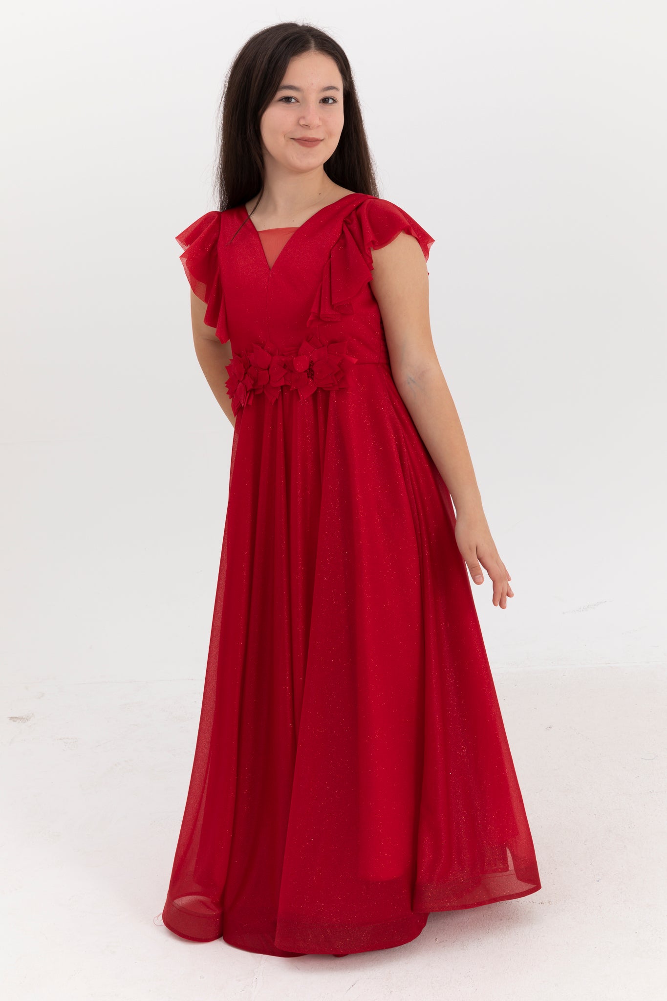Moonstone Red Glitter & 3D Flower Dress til piger 12-16 år | Flæsedetaljer & V-halsdesign | Graduering og særlige begivenheder | 50002-09