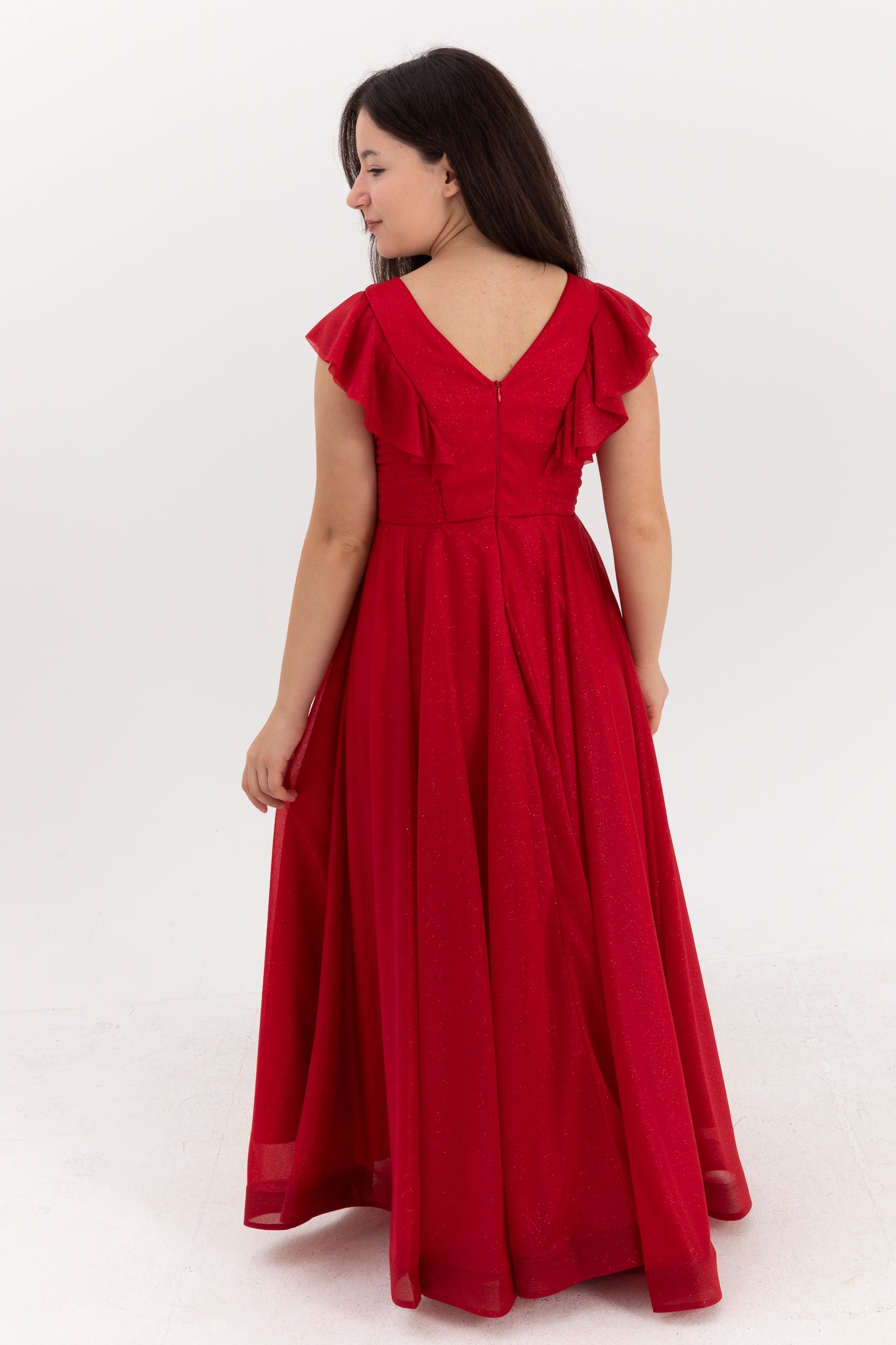 Moonstone Red Glitter & 3D Flower Dress til piger 12-16 år | Flæsedetaljer & V-halsdesign | Graduering og særlige begivenheder | 50002-09