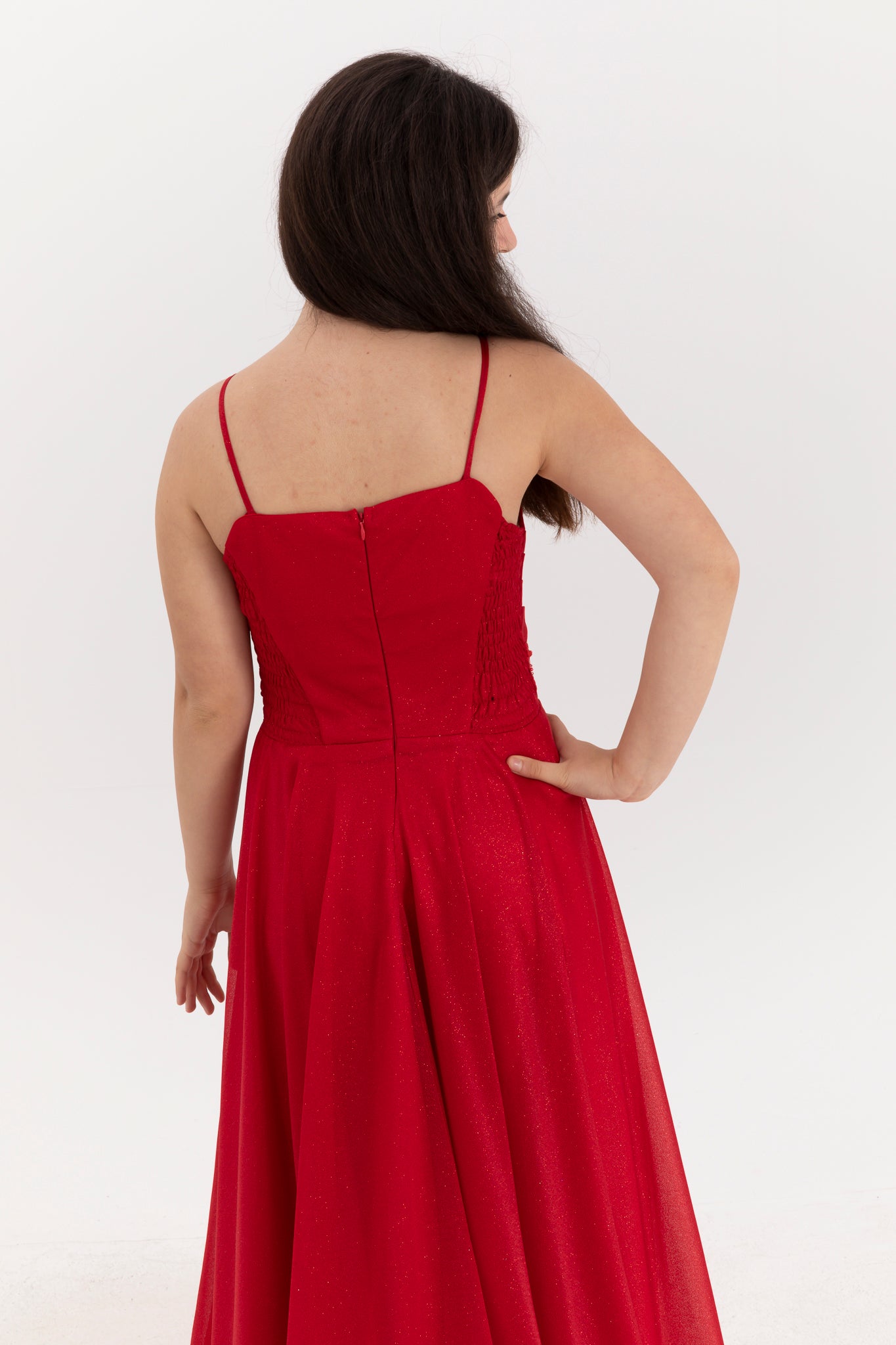 Eclipse Red Maxi Chiffon kjole til piger 12-16 år | Glittertryk, pailletterbroderi og draperede detaljer | Graduering og særlige begivenheder | 50007-09