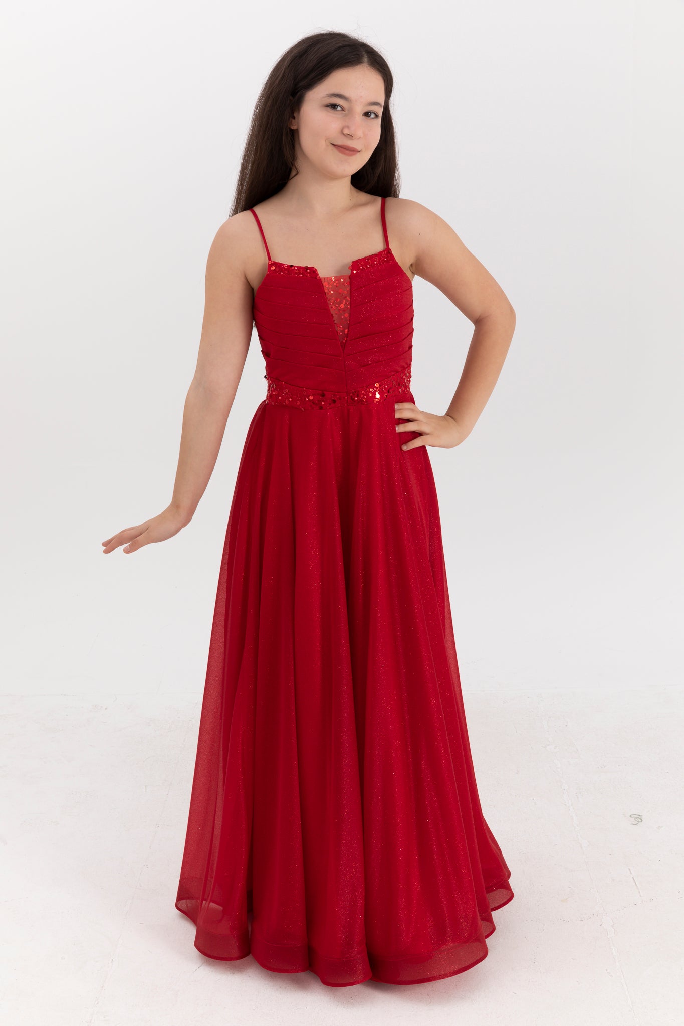 Eclipse Red Maxi Chiffon kjole til piger 12-16 år | Glittertryk, pailletterbroderi og draperede detaljer | Graduering og særlige begivenheder | 50007-09