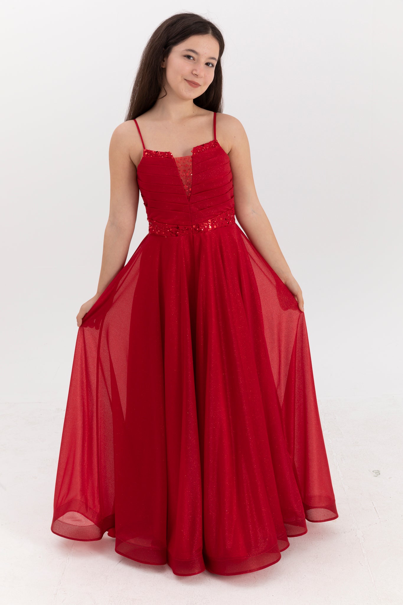 Eclipse Red Maxi Chiffon kjole til piger 12-16 år | Glittertryk, pailletterbroderi og draperede detaljer | Graduering og særlige begivenheder | 50007-09