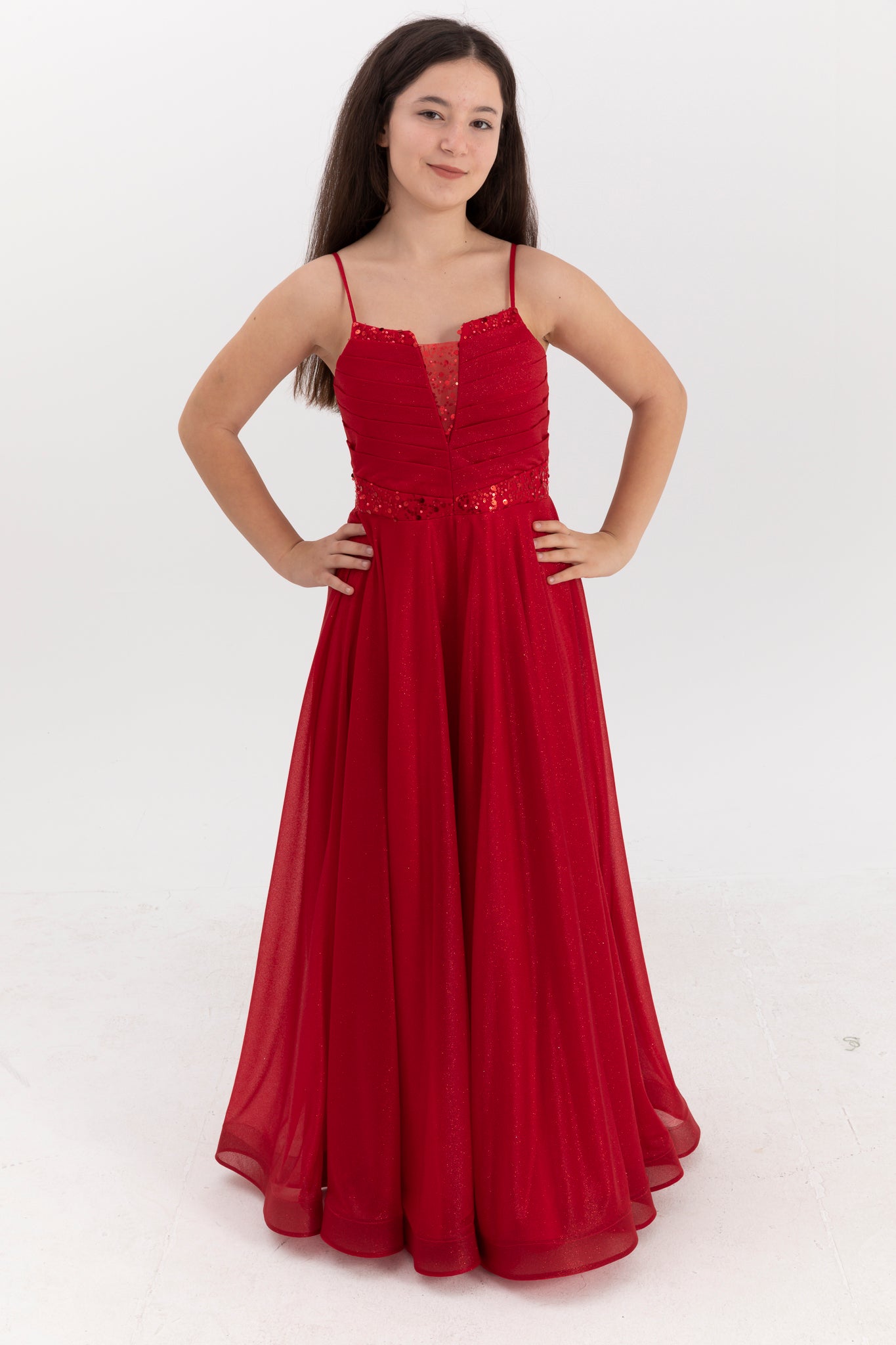Eclipse Red Maxi Chiffon kjole til piger 12-16 år | Glittertryk, pailletterbroderi og draperede detaljer | Graduering og særlige begivenheder | 50007-09
