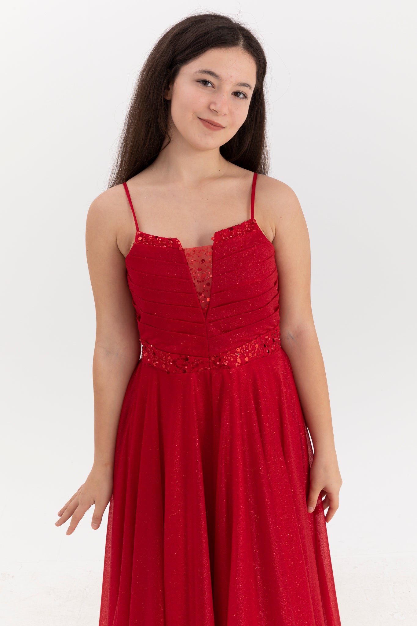 Eclipse Red Maxi Chiffon kjole til piger 12-16 år | Glittertryk, pailletterbroderi og draperede detaljer | Graduering og særlige begivenheder | 50007-09