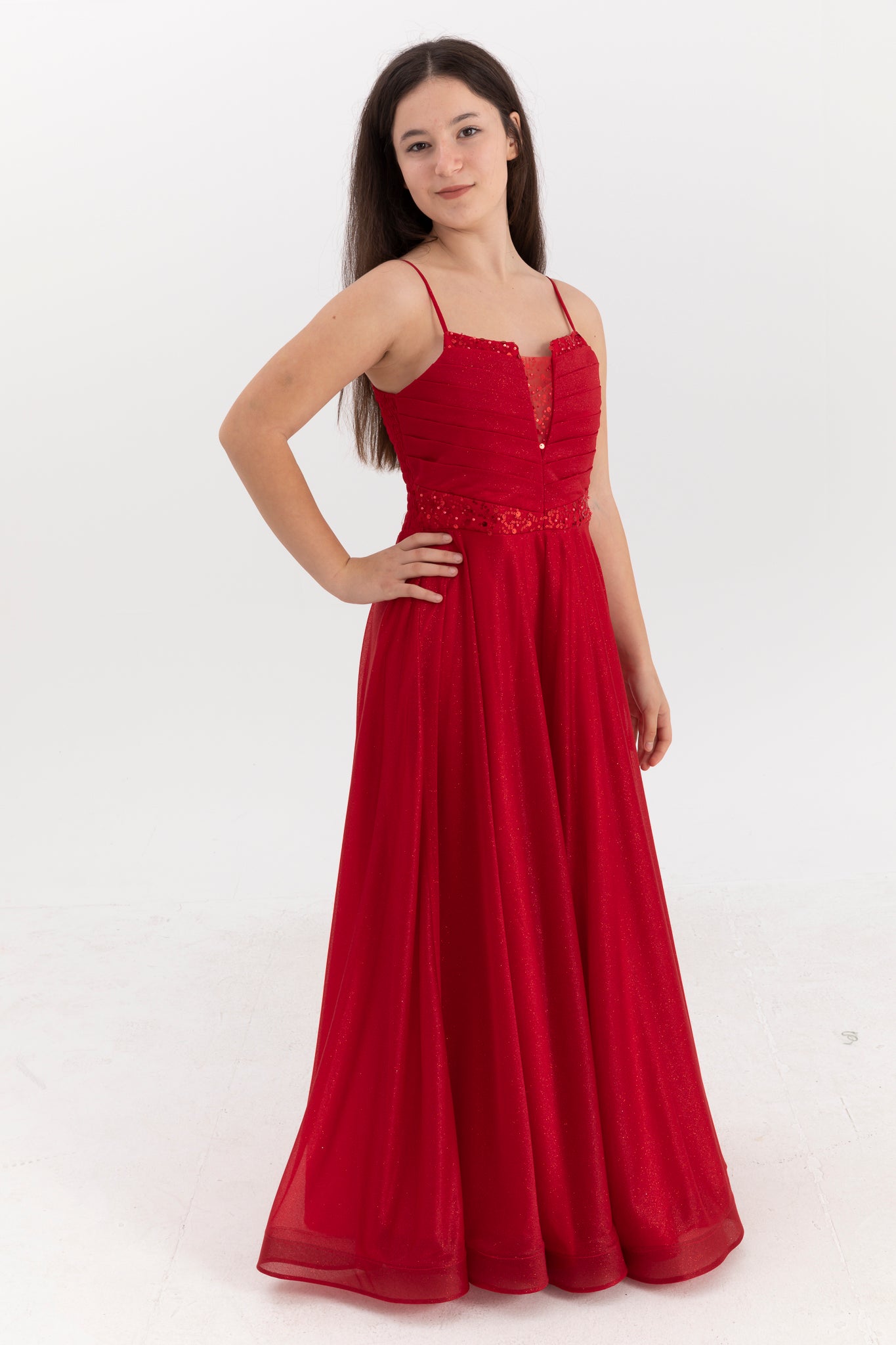 Eclipse Red Maxi Chiffon kjole til piger 12-16 år | Glittertryk, pailletterbroderi og draperede detaljer | Graduering og særlige begivenheder | 50007-09