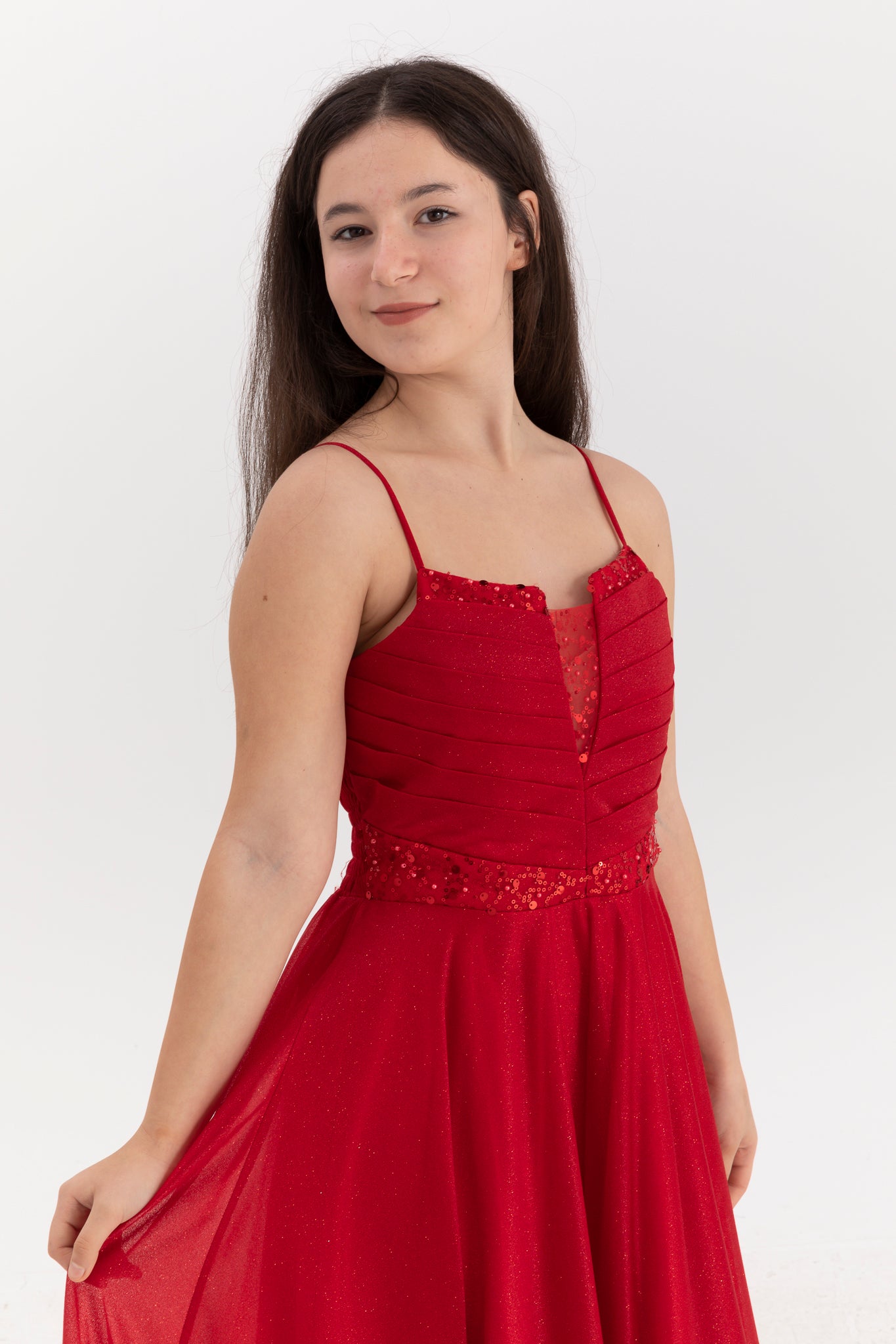 Eclipse Red Maxi Chiffon kjole til piger 12-16 år | Glittertryk, pailletterbroderi og draperede detaljer | Graduering og særlige begivenheder | 50007-09