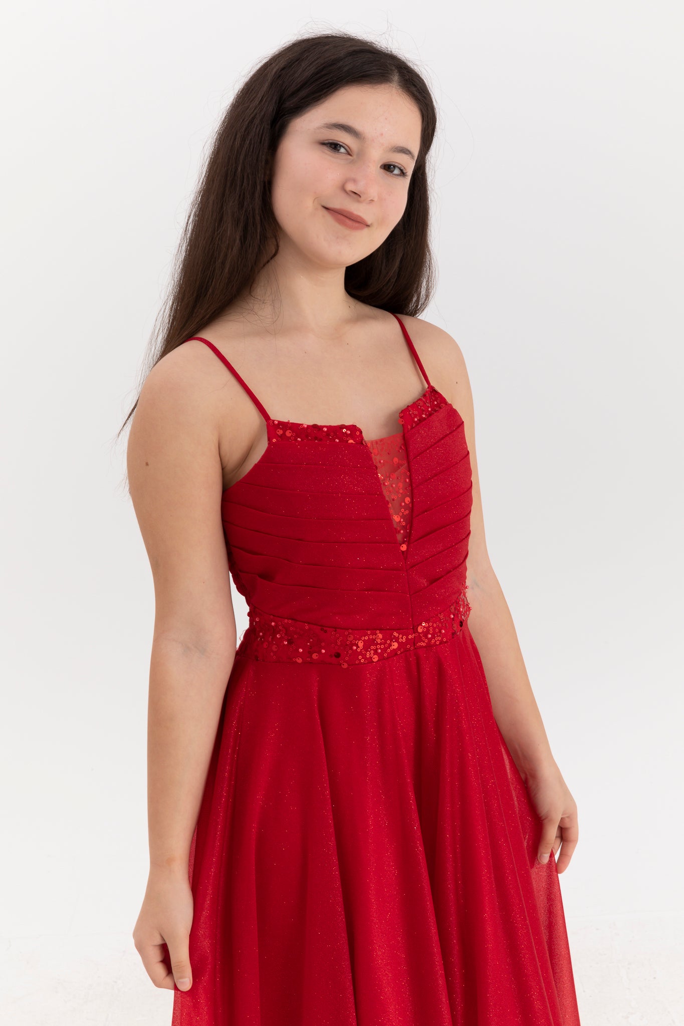 Eclipse Red Maxi Chiffon kjole til piger 12-16 år | Glittertryk, pailletterbroderi og draperede detaljer | Graduering og særlige begivenheder | 50007-09