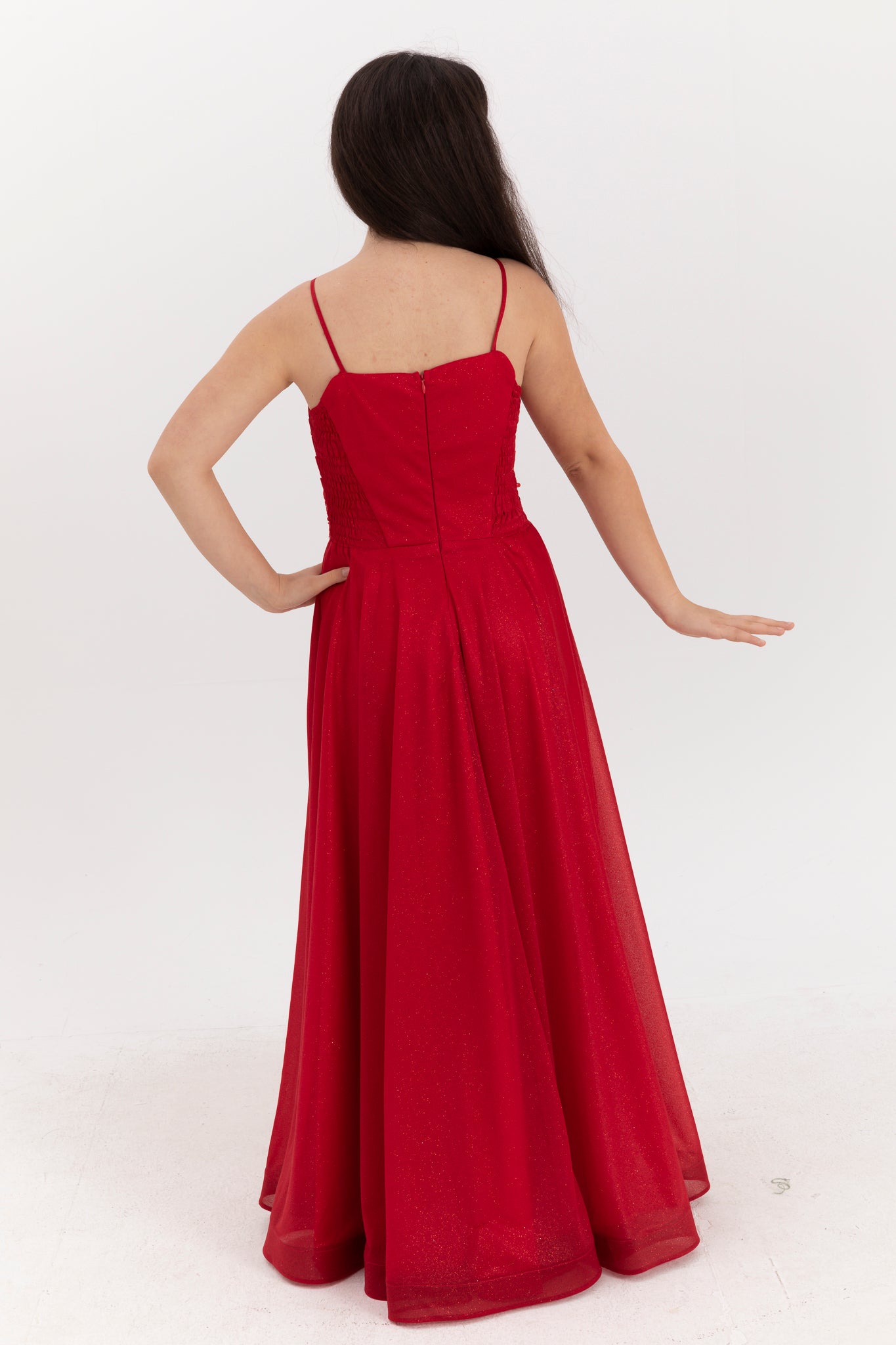 Eclipse Red Maxi Chiffon kjole til piger 12-16 år | Glittertryk, pailletterbroderi og draperede detaljer | Graduering og særlige begivenheder | 50007-09