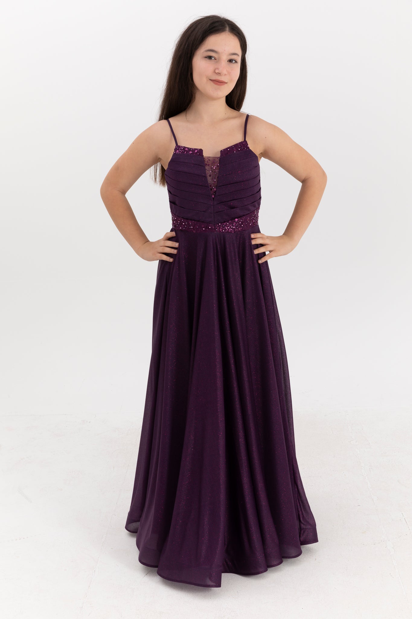 Eclipse Purple Maxi Chiffon kjole til piger 12-16 år | Glittertryk og draperede detaljer | Graduering og særlige begivenheder | 50007-11