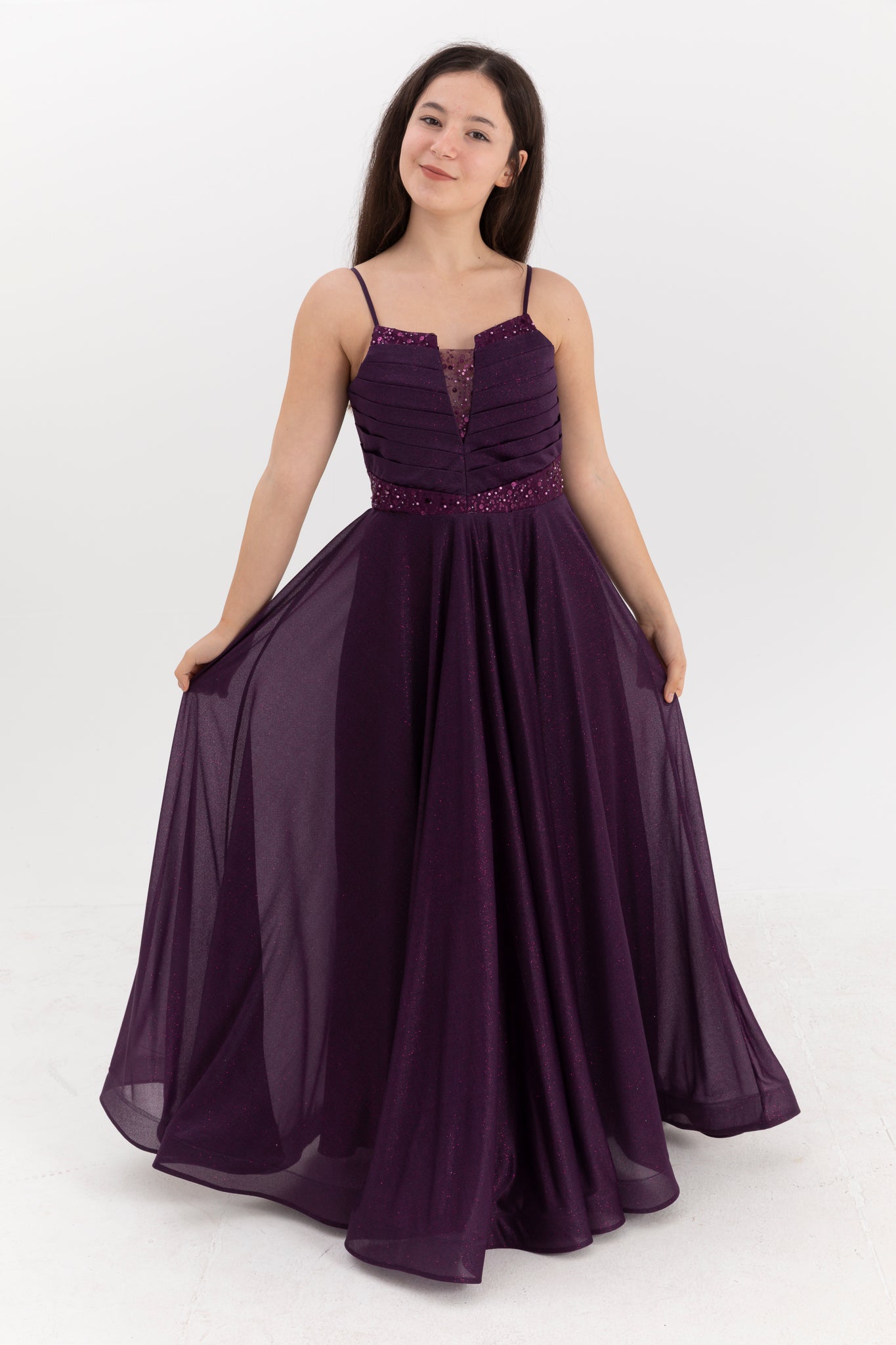 Eclipse Purple Maxi Chiffon kjole til piger 12-16 år | Glittertryk og draperede detaljer | Graduering og særlige begivenheder | 50007-11