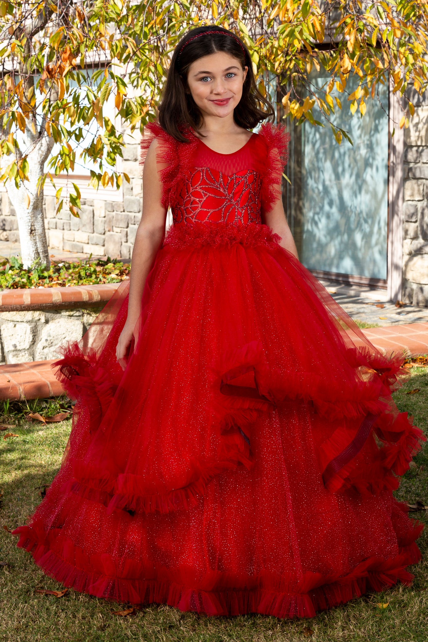 Lumina rød prinsesse tyl kjole til piger 3-11 år | Blonder & Glitter detaljer | Blomsterpiger, religiøse ceremonier og særlige begivenheder | 30078-09