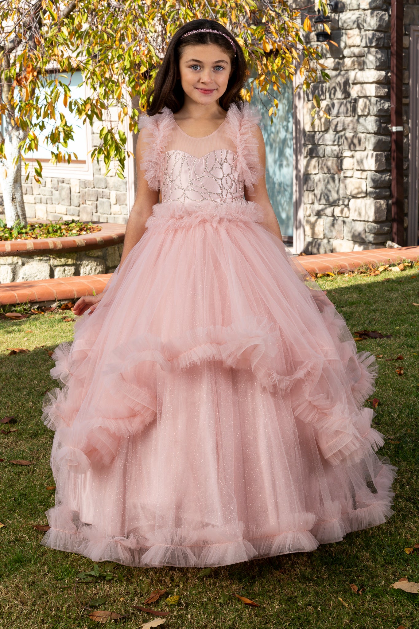 Lumina Powder Princess Tulle Dress for Girls 3-11 Years | Lace & Glitter Details | Flower Girls, Religious Ceremonies & Special Events | 30078-18