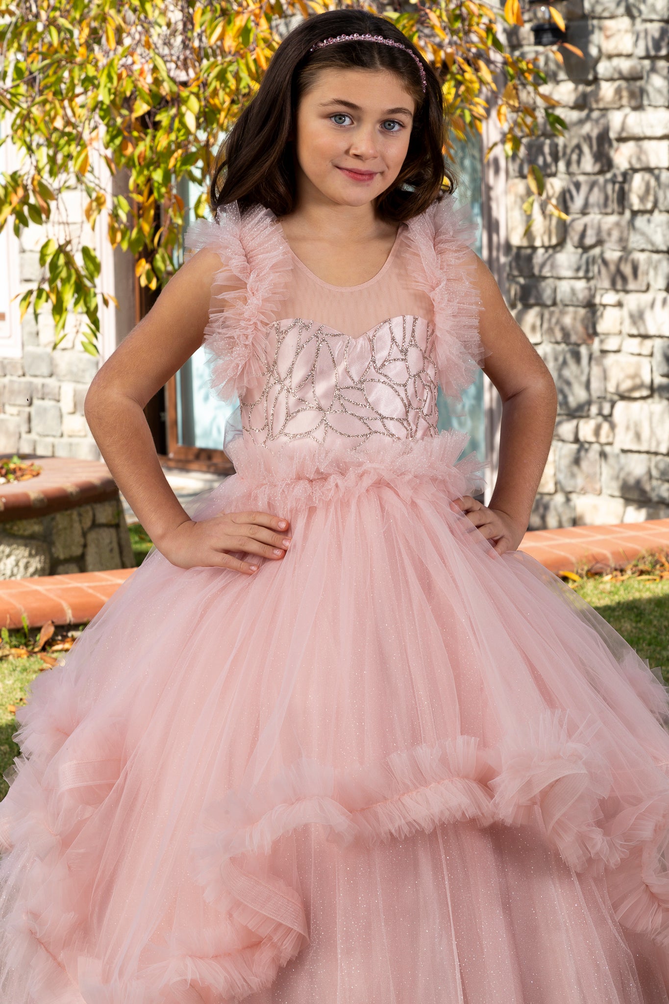 Lumina Powder Princess Tulle Dress for Girls 3-11 Years | Lace & Glitter Details | Flower Girls, Religious Ceremonies & Special Events | 30078-18