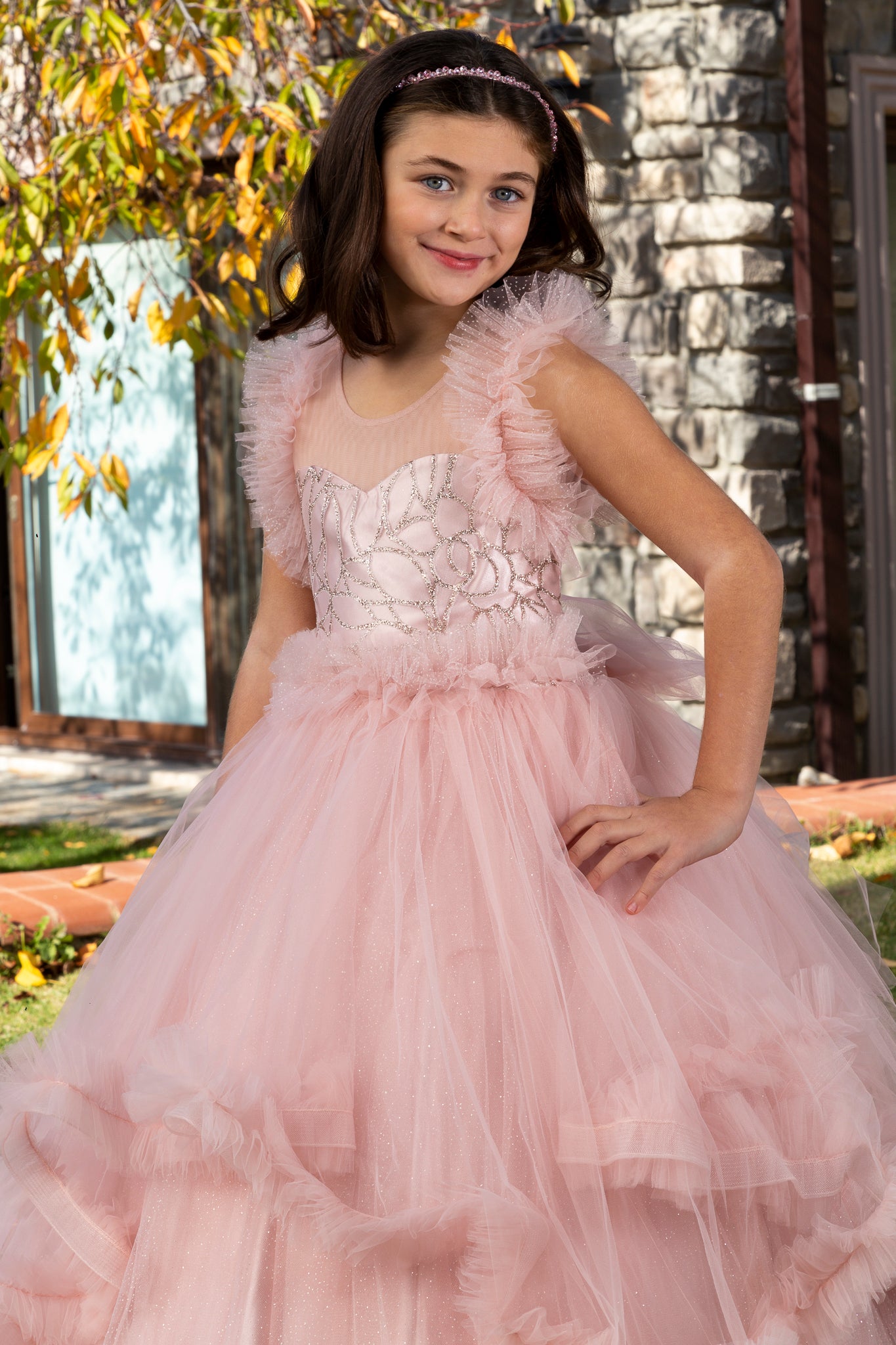 Lumina Powder Princess Tulle Dress for Girls 3-11 Years | Lace & Glitter Details | Flower Girls, Religious Ceremonies & Special Events | 30078-18