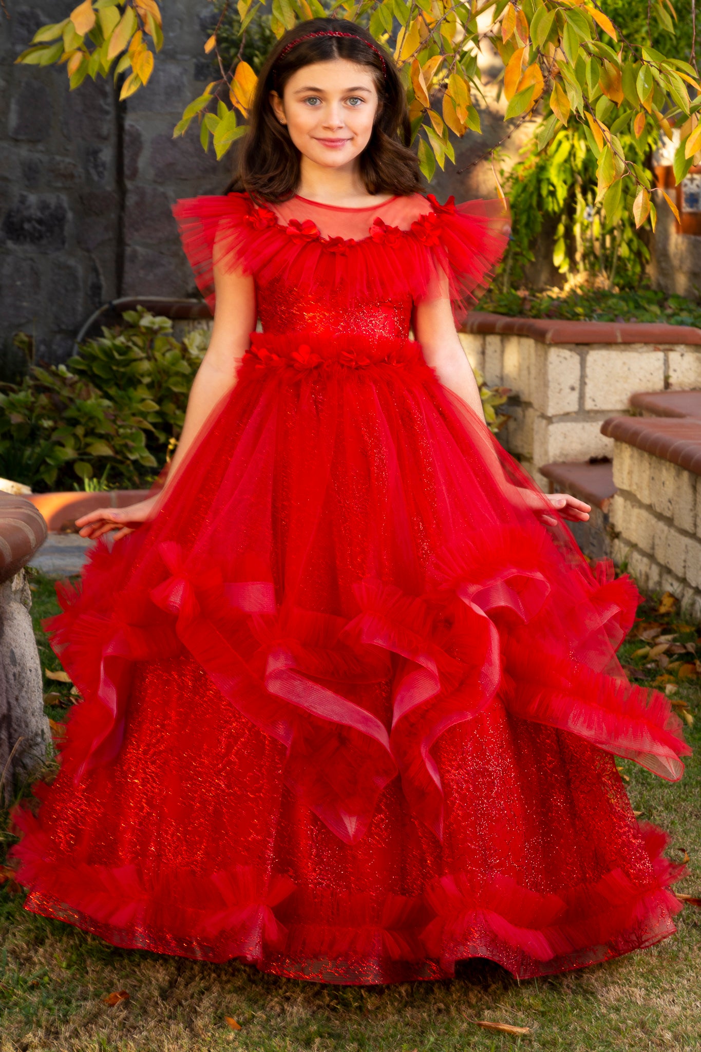 Dazzle rode prinsessenjurk van tule voor meisjes van 3-11 jaar | 3D-bloem- en glitterdetails | Bloemenmeisjes, religieuze ceremonies en speciale evenementen | 30079-09