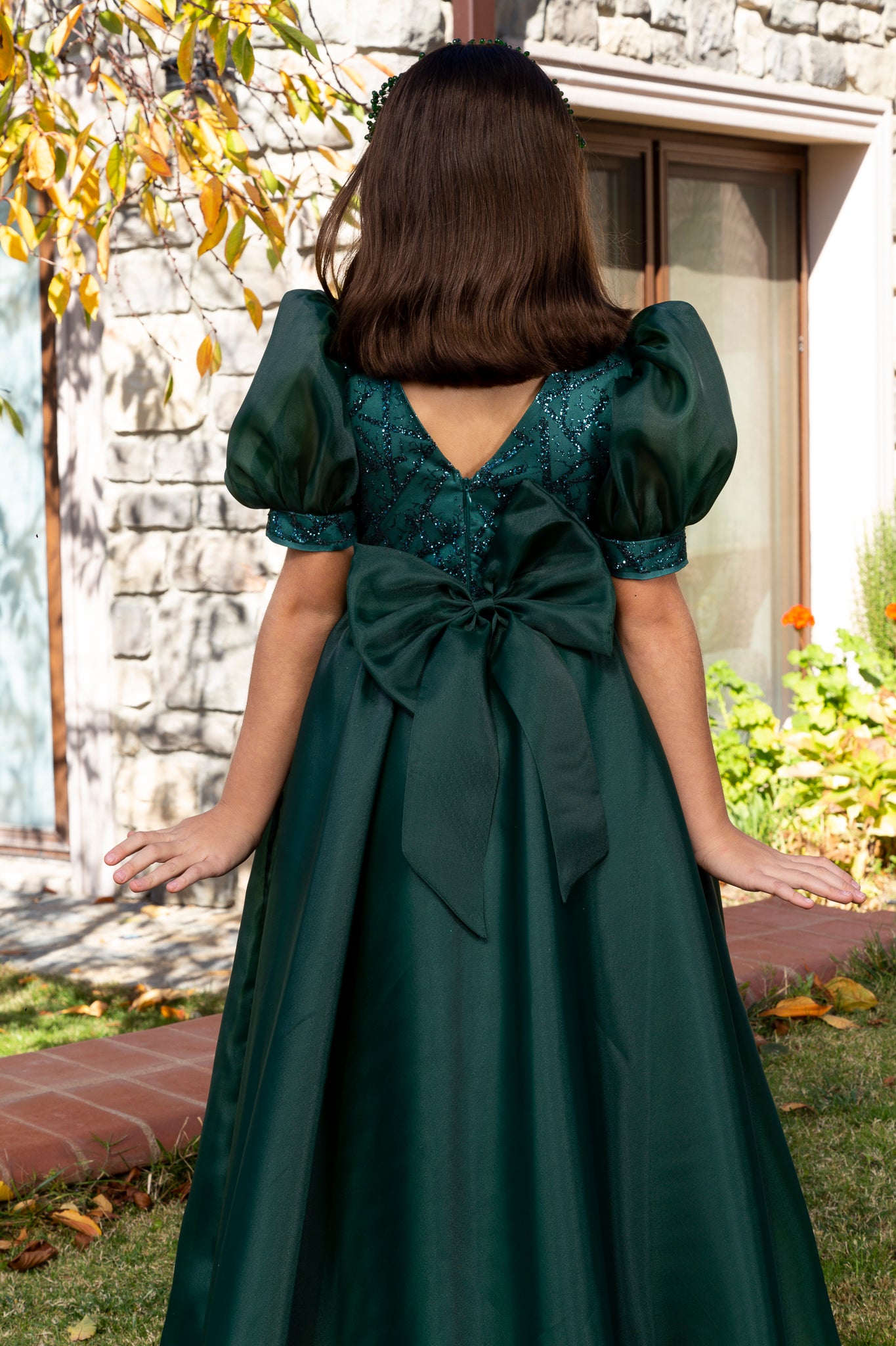 Nova Grøn Organza prinsessekjole til piger 7-11 år | Påføring af blonder og lynlås | Blomsterpiger og særlige begivenheder | 40009-25