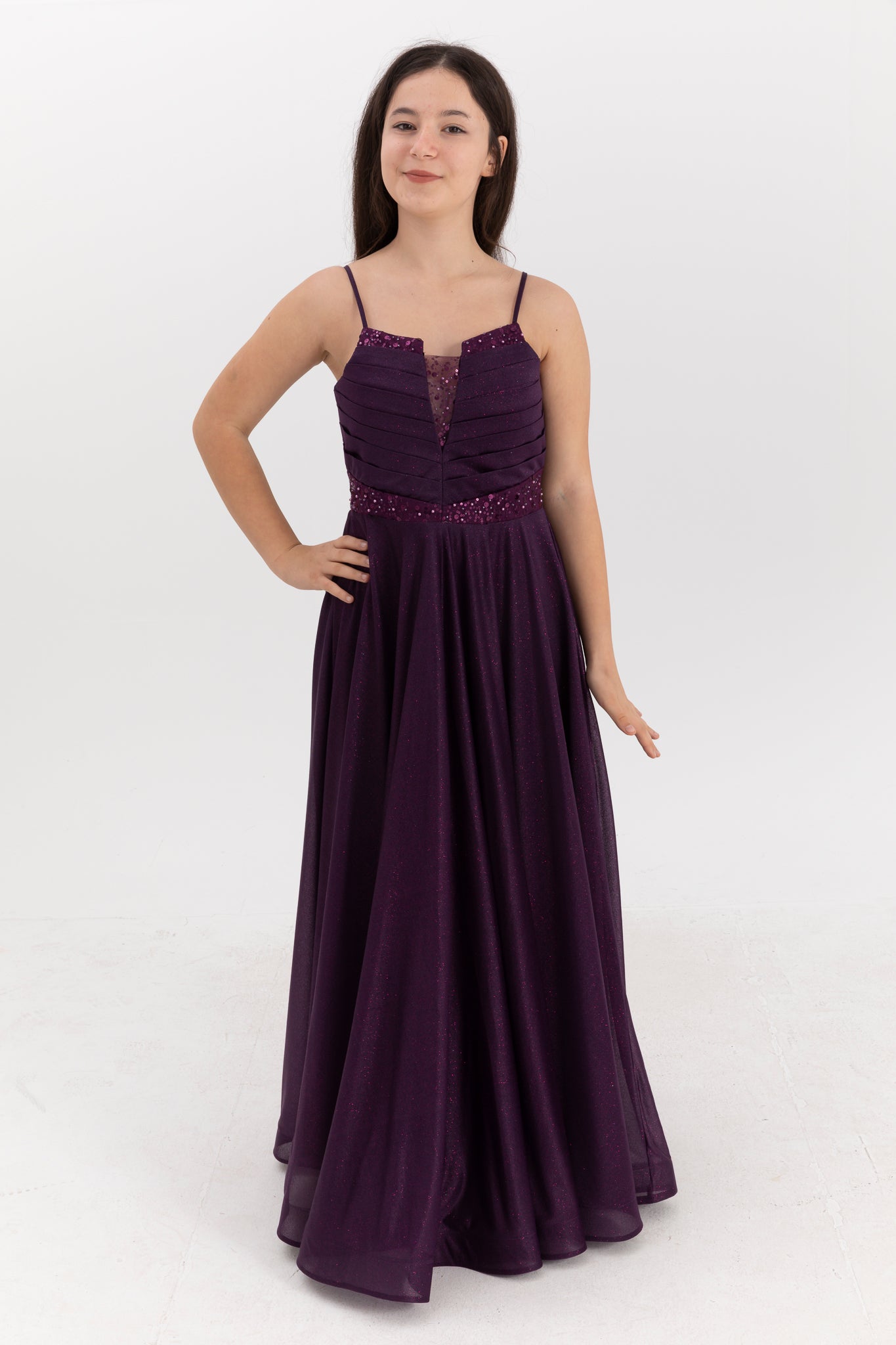 Vestido maxi chiffon roxo Eclipse para meninas de 12 a 16 anos | Impressão com glitter e detalhes drapeados | Graduação e Eventos Especiais | 50007-11