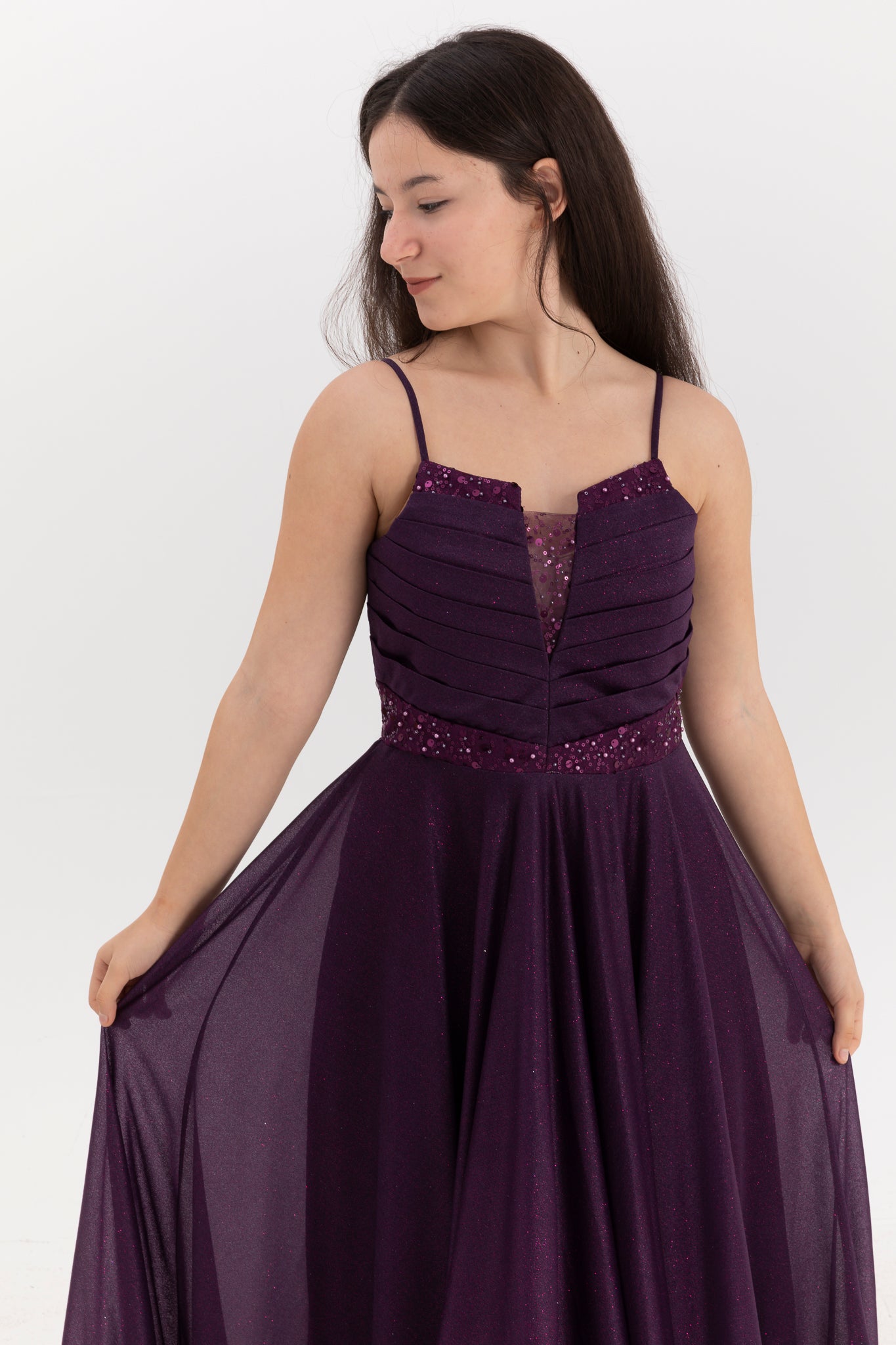 Vestido maxi chiffon roxo Eclipse para meninas de 12 a 16 anos | Impressão com glitter e detalhes drapeados | Graduação e Eventos Especiais | 50007-11