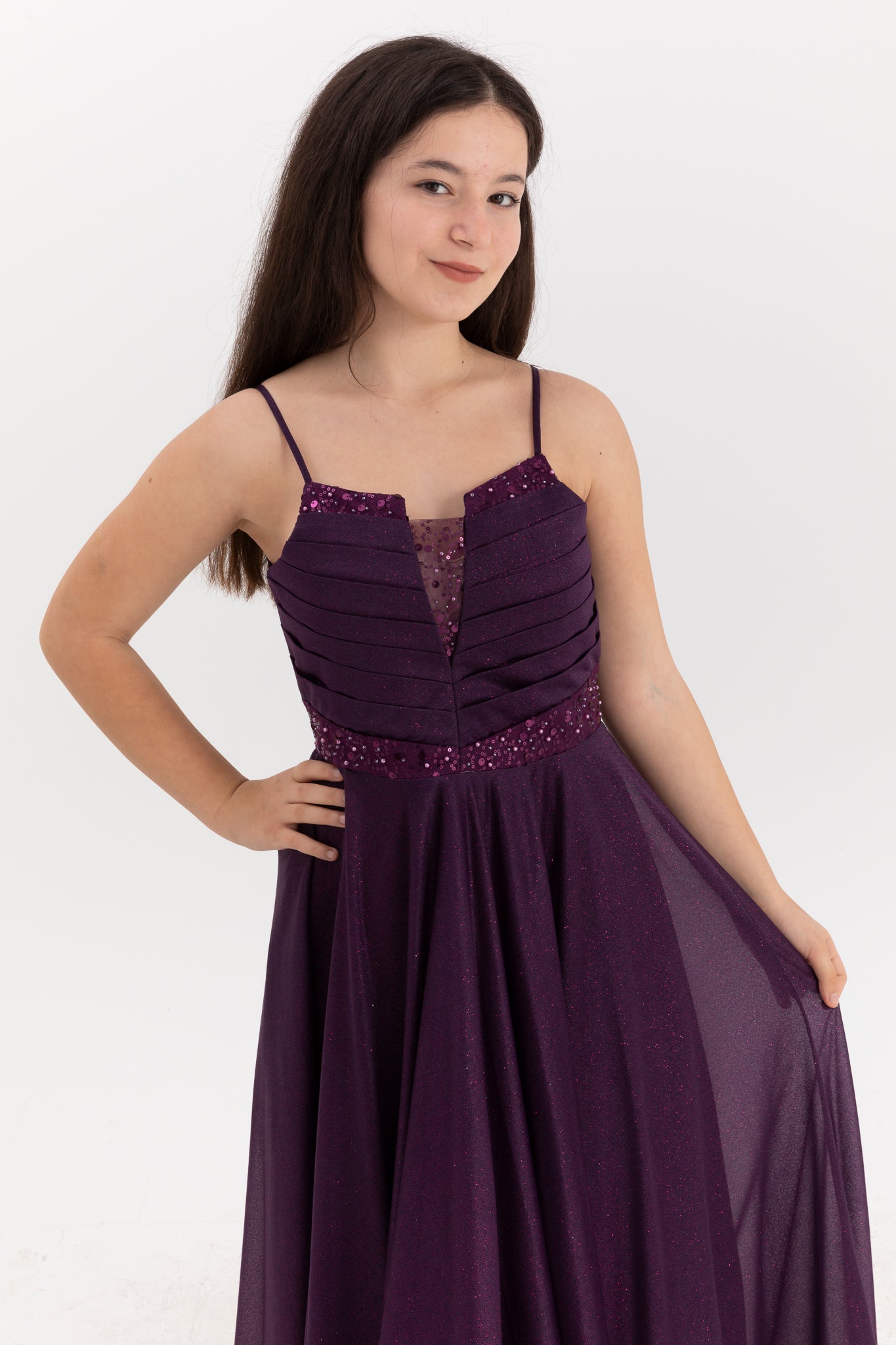 Vestido maxi chiffon roxo Eclipse para meninas de 12 a 16 anos | Impressão com glitter e detalhes drapeados | Graduação e Eventos Especiais | 50007-11