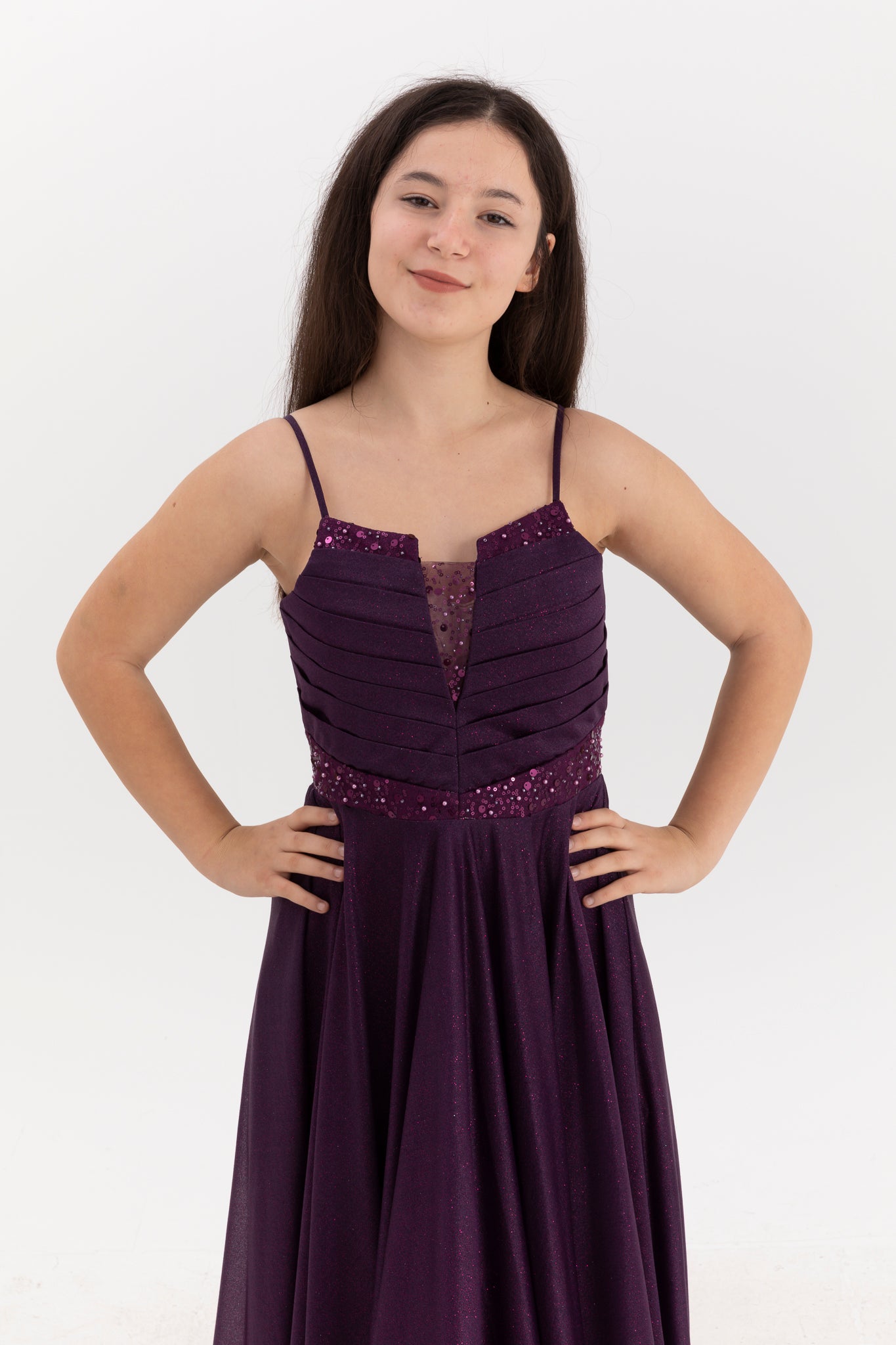 Vestido maxi chiffon roxo Eclipse para meninas de 12 a 16 anos | Impressão com glitter e detalhes drapeados | Graduação e Eventos Especiais | 50007-11
