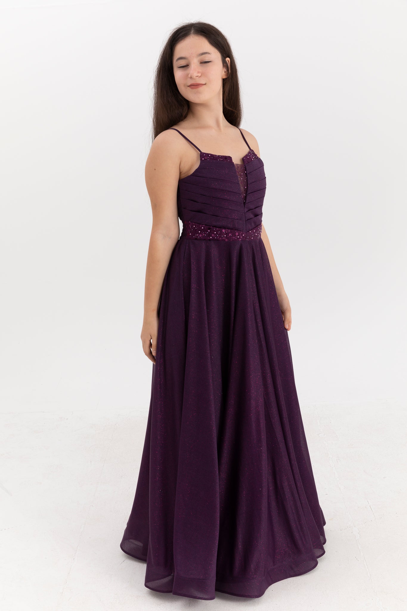 Vestido maxi chiffon roxo Eclipse para meninas de 12 a 16 anos | Impressão com glitter e detalhes drapeados | Graduação e Eventos Especiais | 50007-11