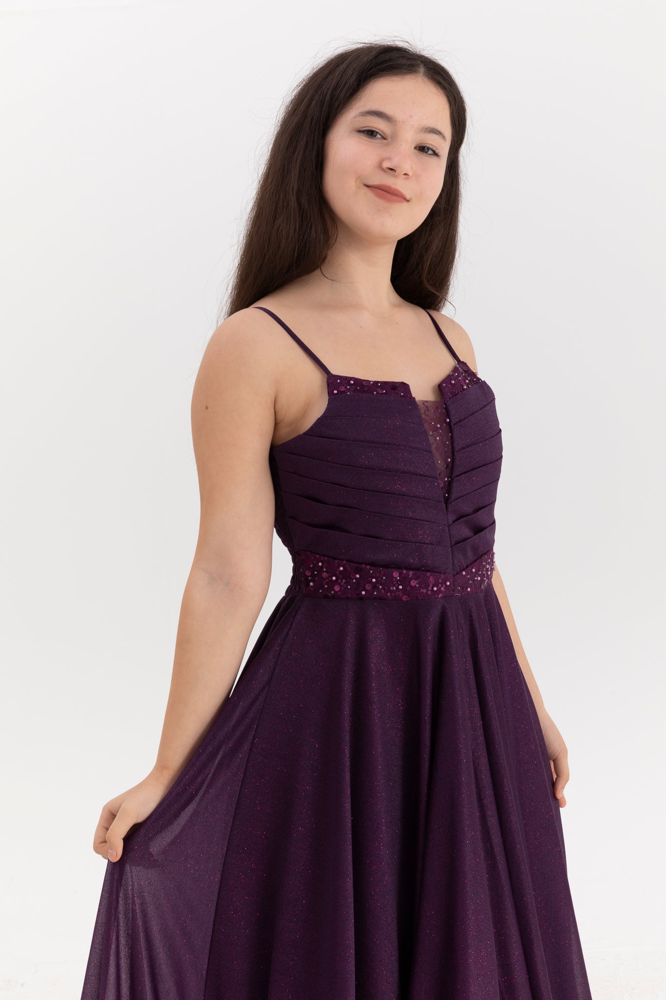 Vestido maxi chiffon roxo Eclipse para meninas de 12 a 16 anos | Impressão com glitter e detalhes drapeados | Graduação e Eventos Especiais | 50007-11