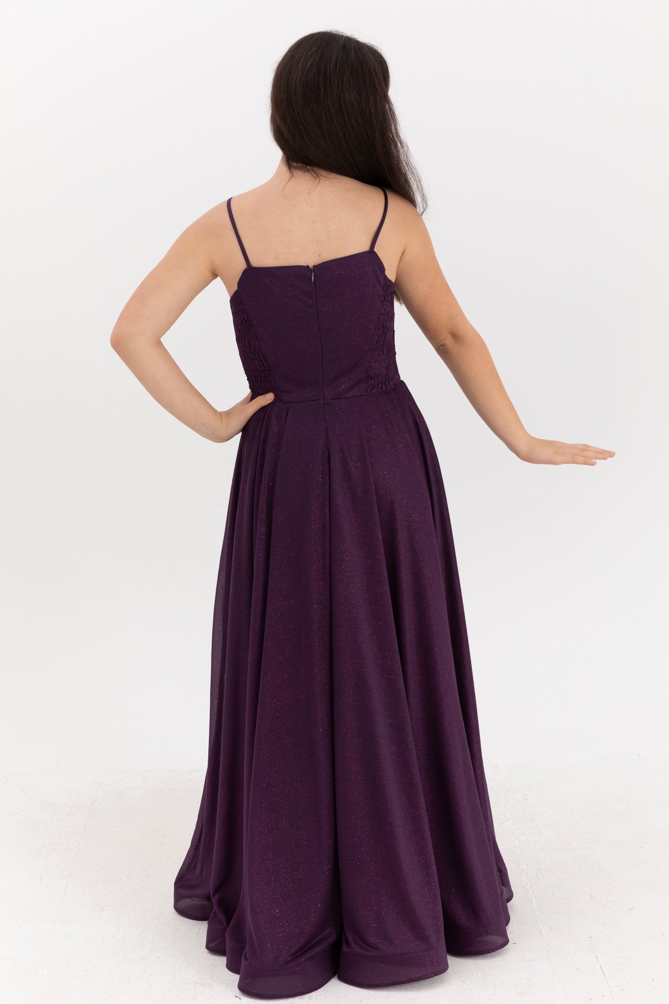 Vestido maxi chiffon roxo Eclipse para meninas de 12 a 16 anos | Impressão com glitter e detalhes drapeados | Graduação e Eventos Especiais | 50007-11