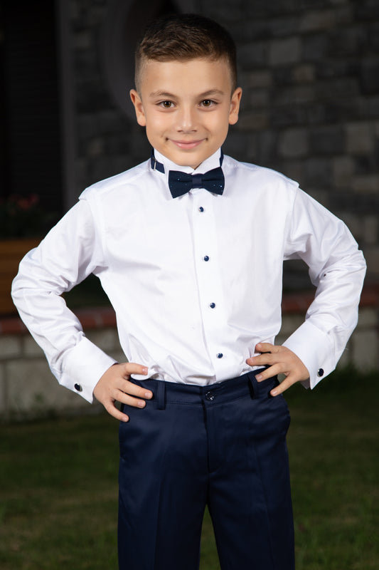 Equinox White Wing Collar Dress Shirt for Boys 1-16 Years | Navy Enamel Buttons, Cufflinks & Bow Tie | Weddings, Graduations & Formal Events | 80001-28-00